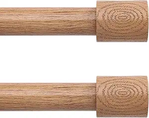2 Pack Wood Curtain Rods, 1'' Decorative Adjustable Rustic Farmhouse Drapery Rod, Heavy Duty Boho Curtain Pole for Windows 28 to 48 Inch with Imitation Wooden Grain Finials, (Light Wood/Unique Design)