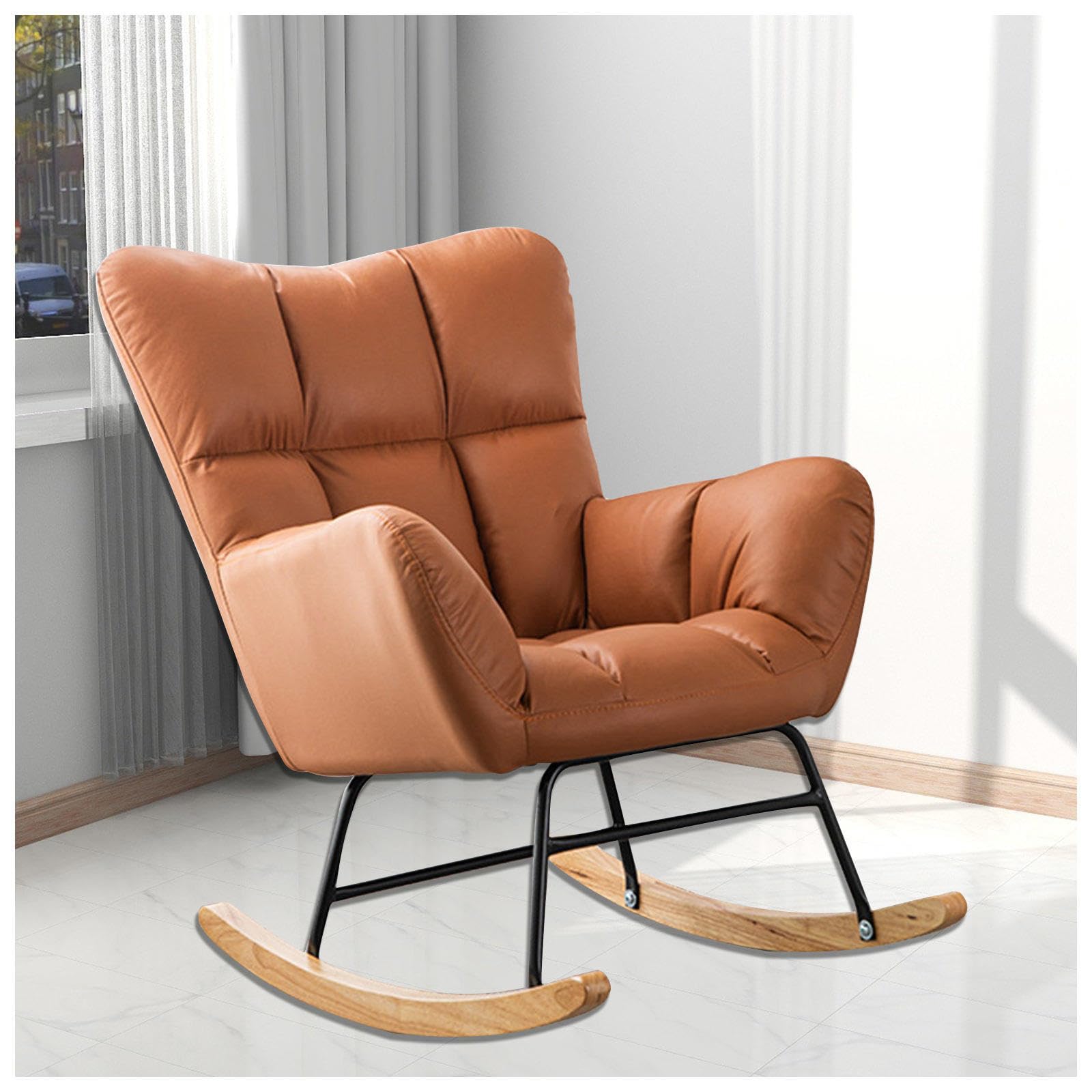 Schaukelstuhl mit Armlehnen und gepolsterter Stillstuhl Schaukelstuhl Sessel Schlafzimmer, Belastbarkeit bis 120 kg für Wohnzimmer/Schlafzimmer/Balkon,Brown