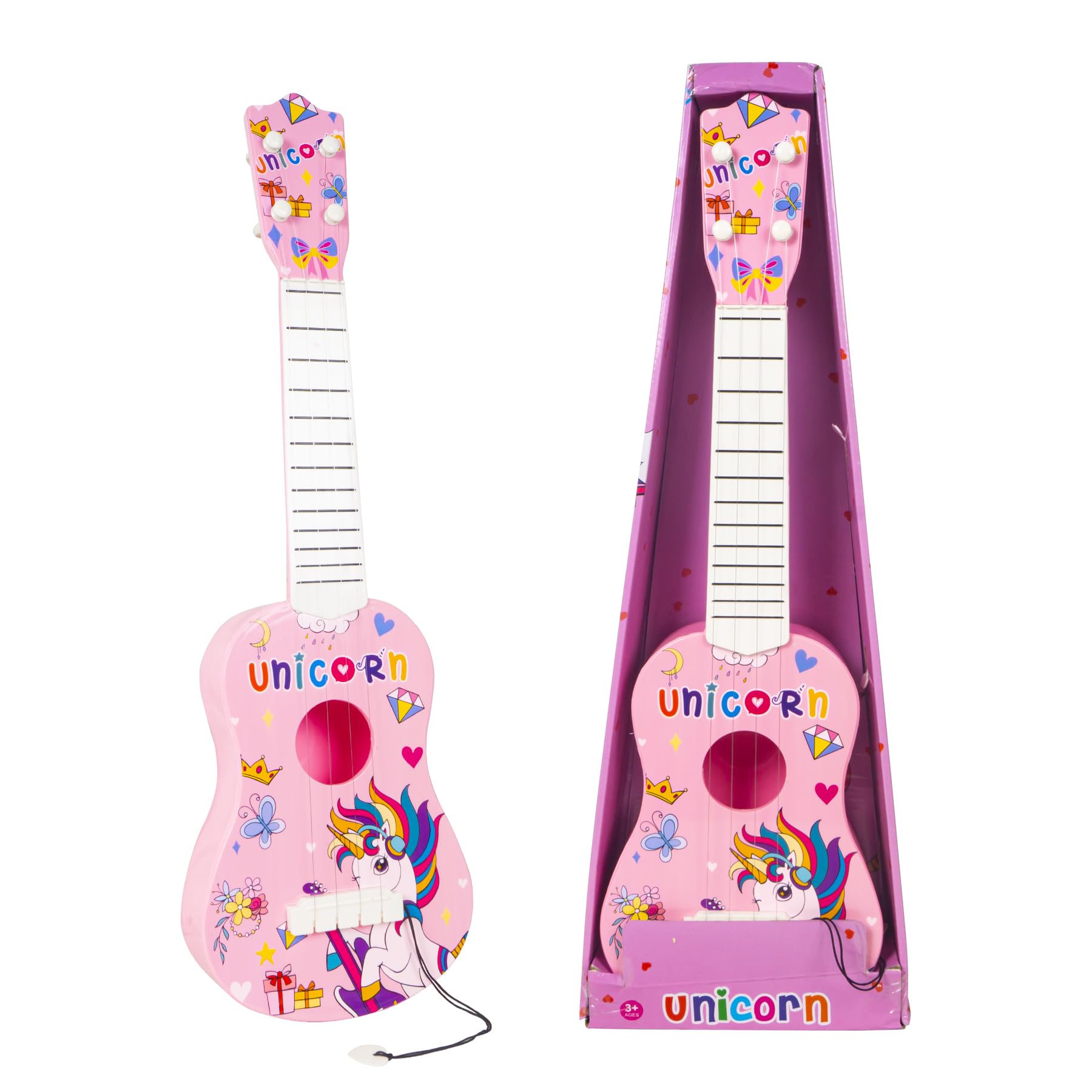 WISHKEY Unicorn Theme Guitar 4 Strings Acoustic Music Toys for Kids, Educational Toy Guitar for Beginners, Musical Instrument, Learning Musical Toy, Sound Toys, Pink, 6+Years, 22" (Pack of 1)