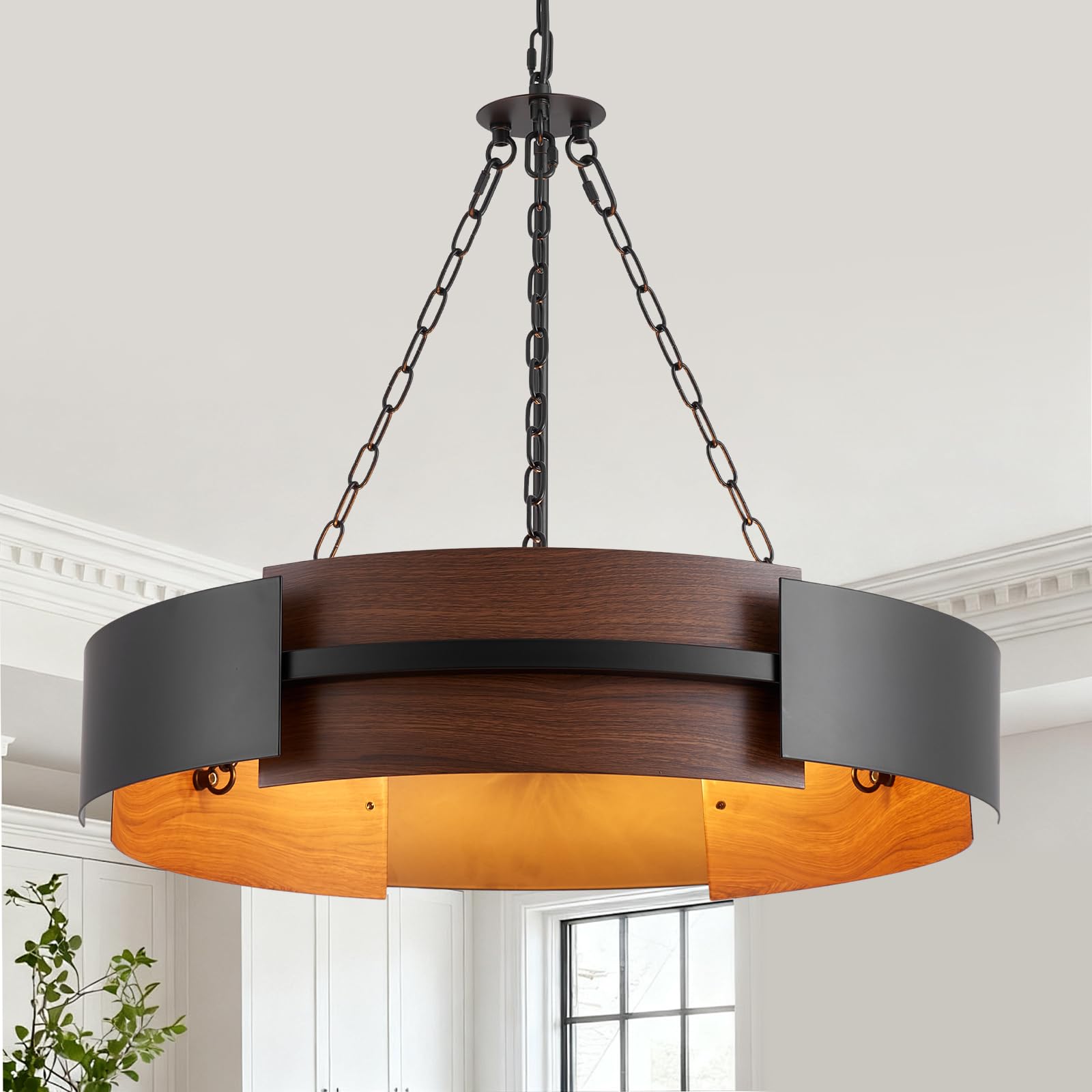 Photo 1 of Majhoiw Modern Farmhouse Chandelier 26" Industrial Drum Pendant Lighting Fixture 5-Light Black Walnut Grain Finish for Dining Room Kitchen Island Office Living Room