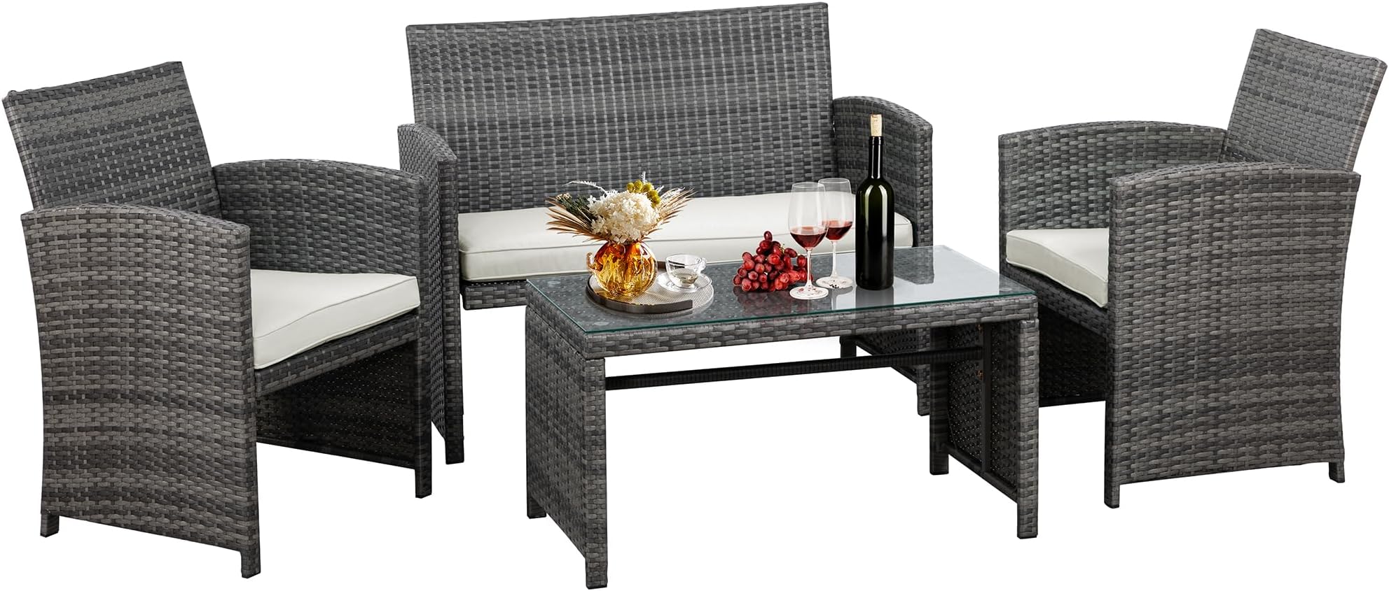 JAMFLY 4 Piece Patio Furniture Set, Outdoor Furniture Set Patio Wicker Conversation Set with Cushions and Tempered Glass Tabletop for Lawn Backyard Pool Garden