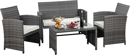JAMFLY Juego de muebles de patio de 4 piezas, juego de muebles para exteriores, juego de conversación de mimbre con cojines y mesa de vidrio