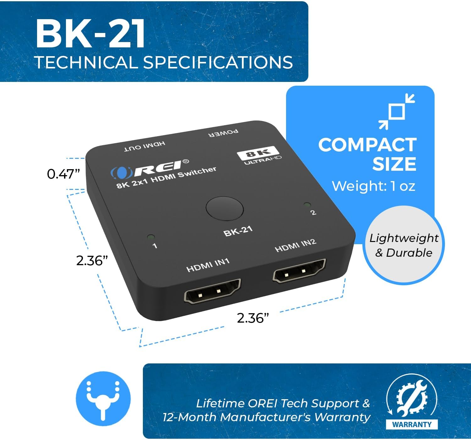 OREI 8K 2x1 HDMI Switch with dimensions: 2.36 inches length, 0.47 inches height, 2.36 inches width, and 1 oz weight