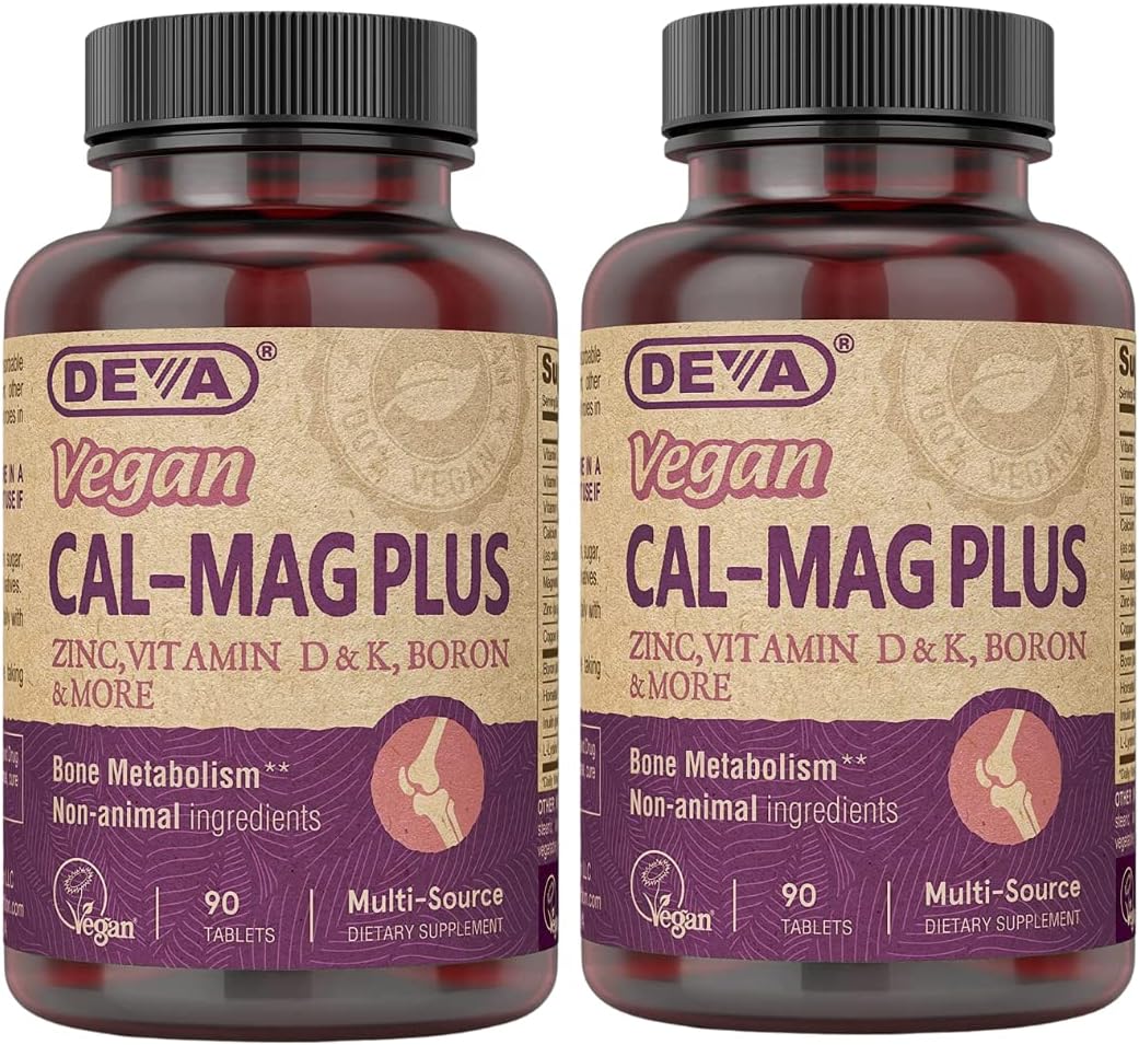 Vegan Calcium Magnesium Supplement 2-Pack, Plus Zinc, Vitamins C, D & K, Boron, 90 Tablets Each
