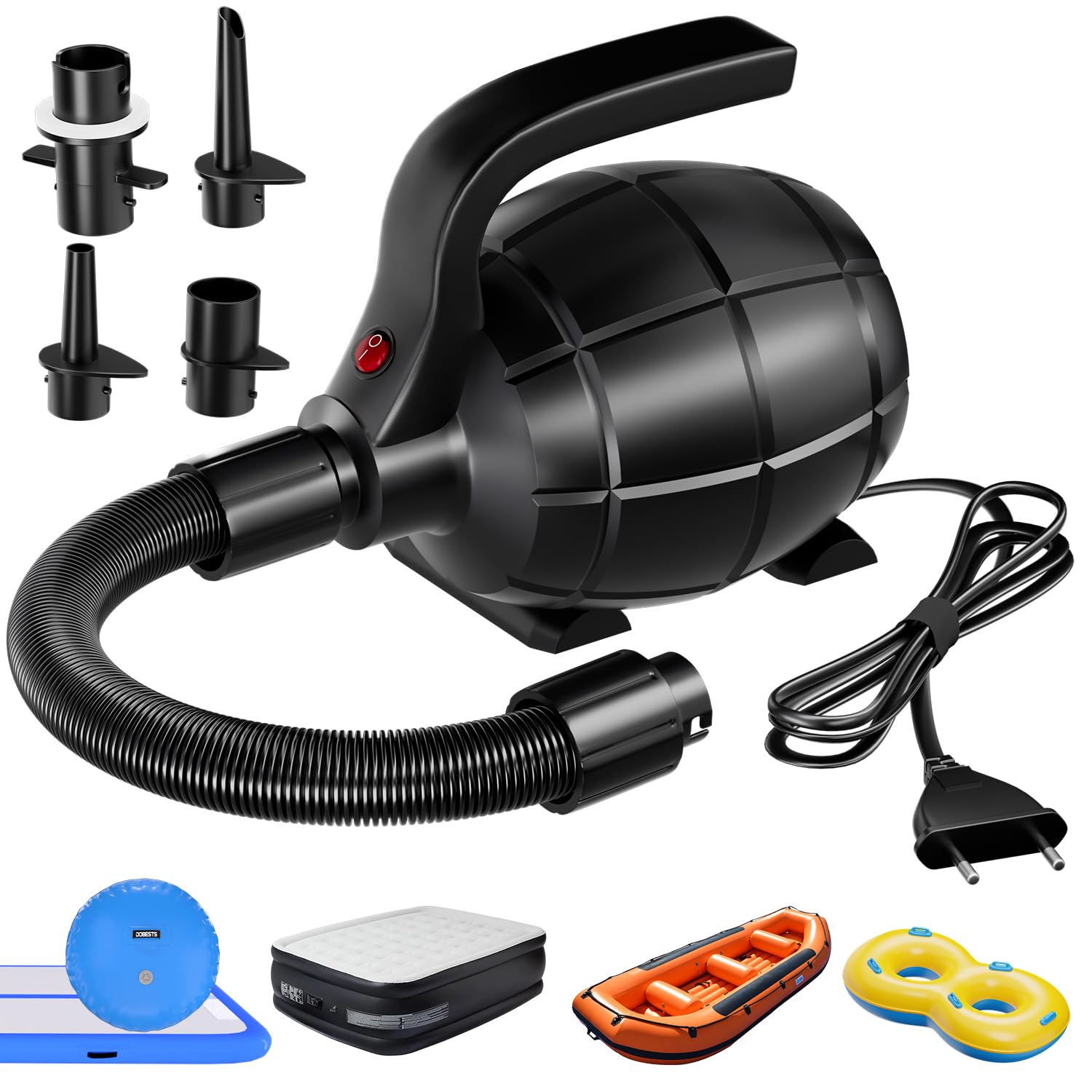 DOBESTS Pompa ad aria elettrica, pompa elettrica con 4 ugelli per gonfiabili Air Track Mat, materasso ad aria, galleggianti, zattere, letti ad acqua, barche, piscine per bambini, tavola SUP, palle da