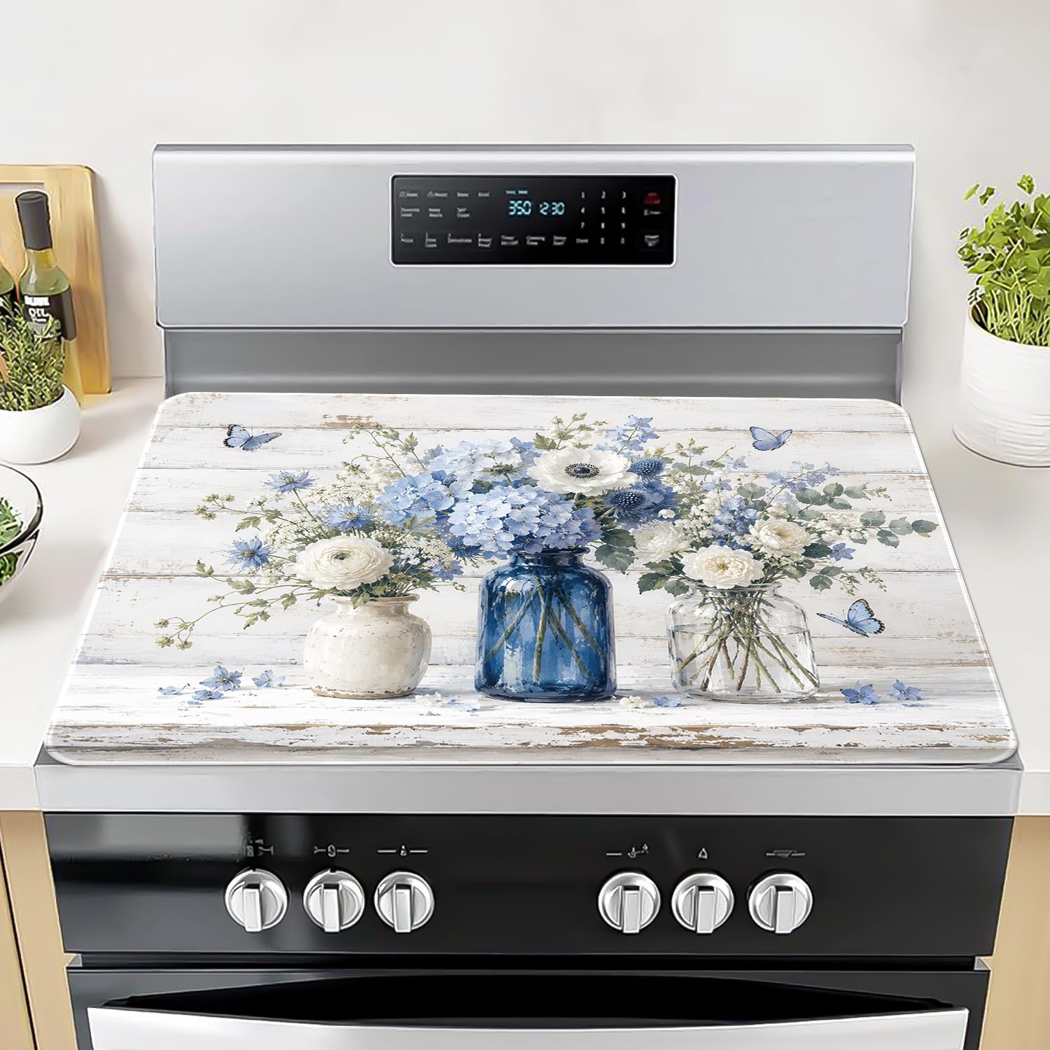 Blue White Floral Stove Top Cover,28x20 Inch,Rubber Glass Cooktop Protector
