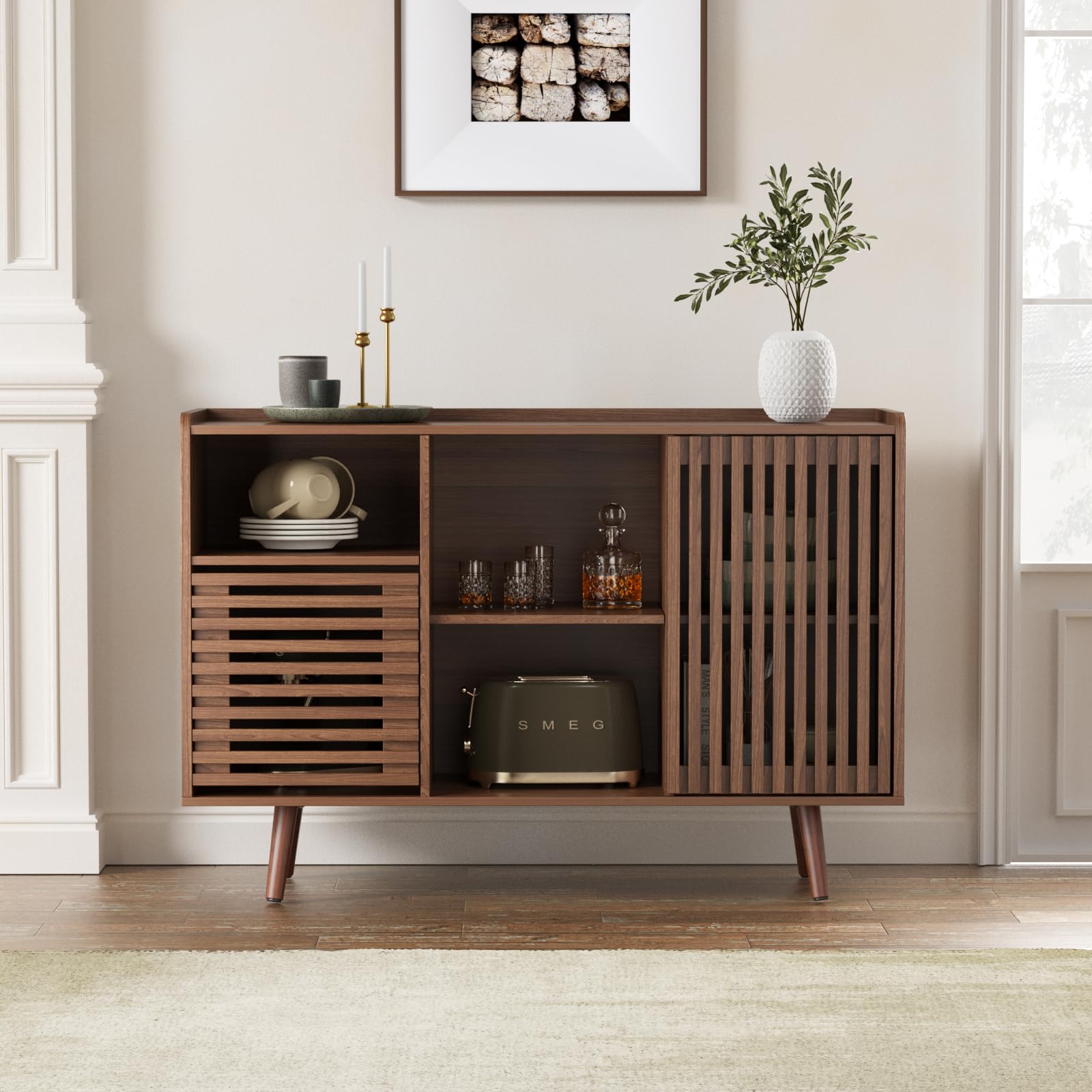 47.2" Buffet Cabinet with Storage, Mid-Century Sideboard Coffee Bar Cabinet with Sliding Door for Living Room, Dining Room, Kitchen, Hallway, Walnut
