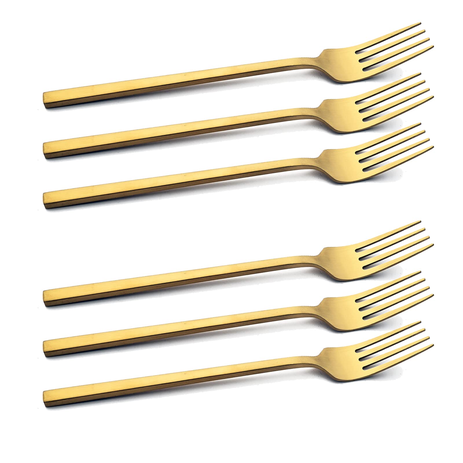 Snplowum 6pcs Square Handle & Classic Dinner Fork, 7.68 Inch Gold Stainless Steel For Home Restaurant, Matte Finish, Salad Dessert Fork For Daily Use