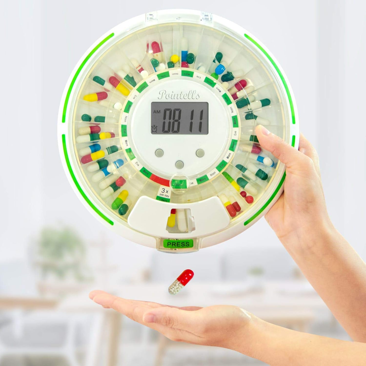 Pointells Automatic Pill Dispenser – 28-Day Portable Medication Planner and Organizer – Dispense Vitamins and Tablets Up 6 Times Per Day – Includes Flashing Light, Alarm and Safety Lock