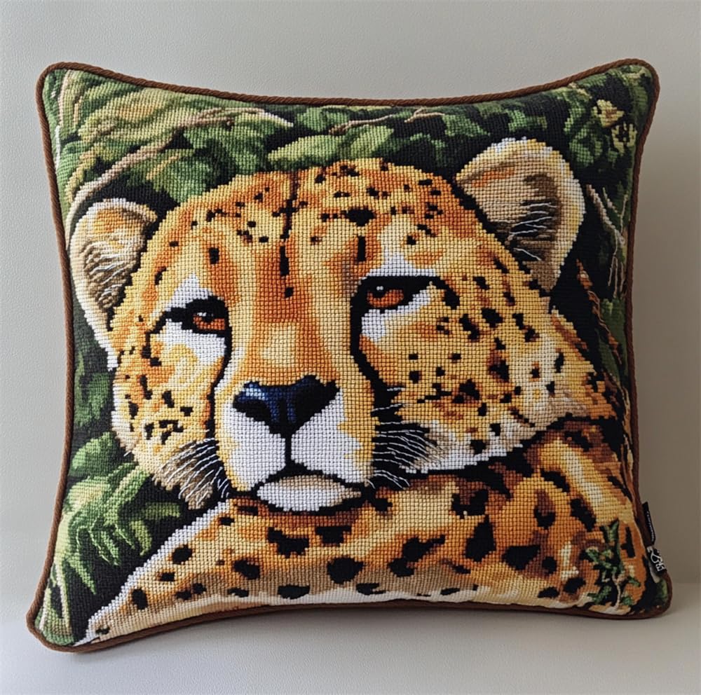 Cross Stitch Pillow Kit Cheetah 17.7X17.7In(45X45Cm) Printed Cushion Needlepoint Craft Set Cushion Kit Pre Printed Handmade Pillow Cover Kit Stitched Decorative For Adults Beginners Animal S