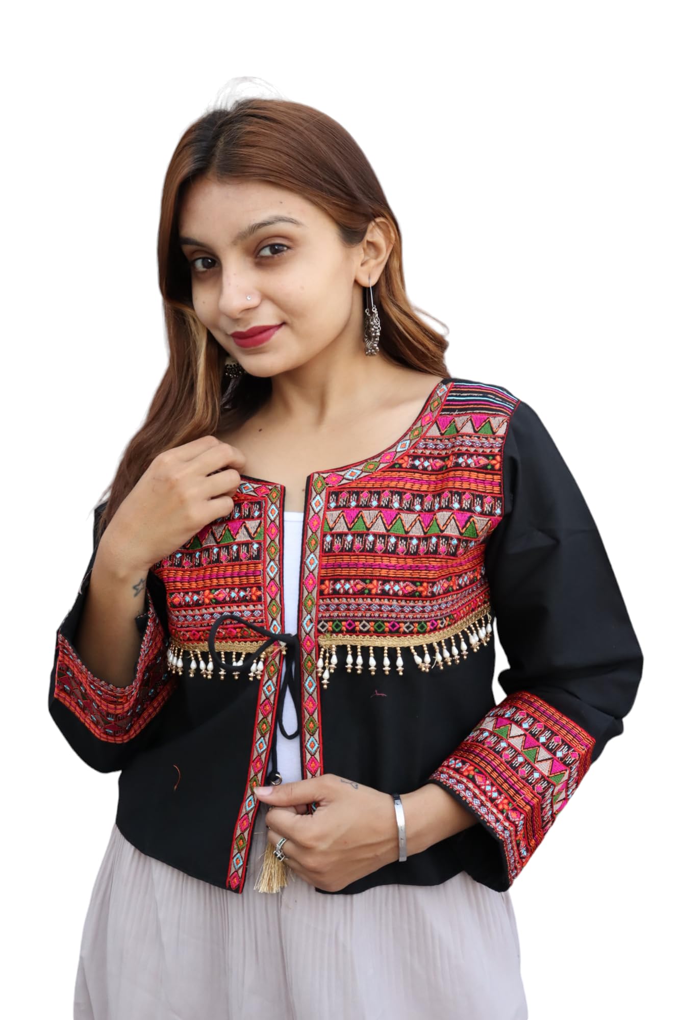 odhan Women's Cream Ethnic Jacket with Multicolour Embroidered Yoke, Tassel Tie-Up, Bell Sleeves-picture-13