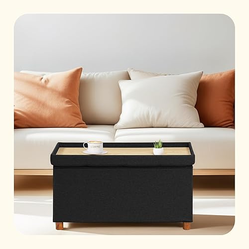 Miniatura 34 de PINPLUS Cubo otomano de almacenamiento, reposapiés de lino con patas de madera, reposapiés de tela plegable, asiento cómodo con tapa, otomana con