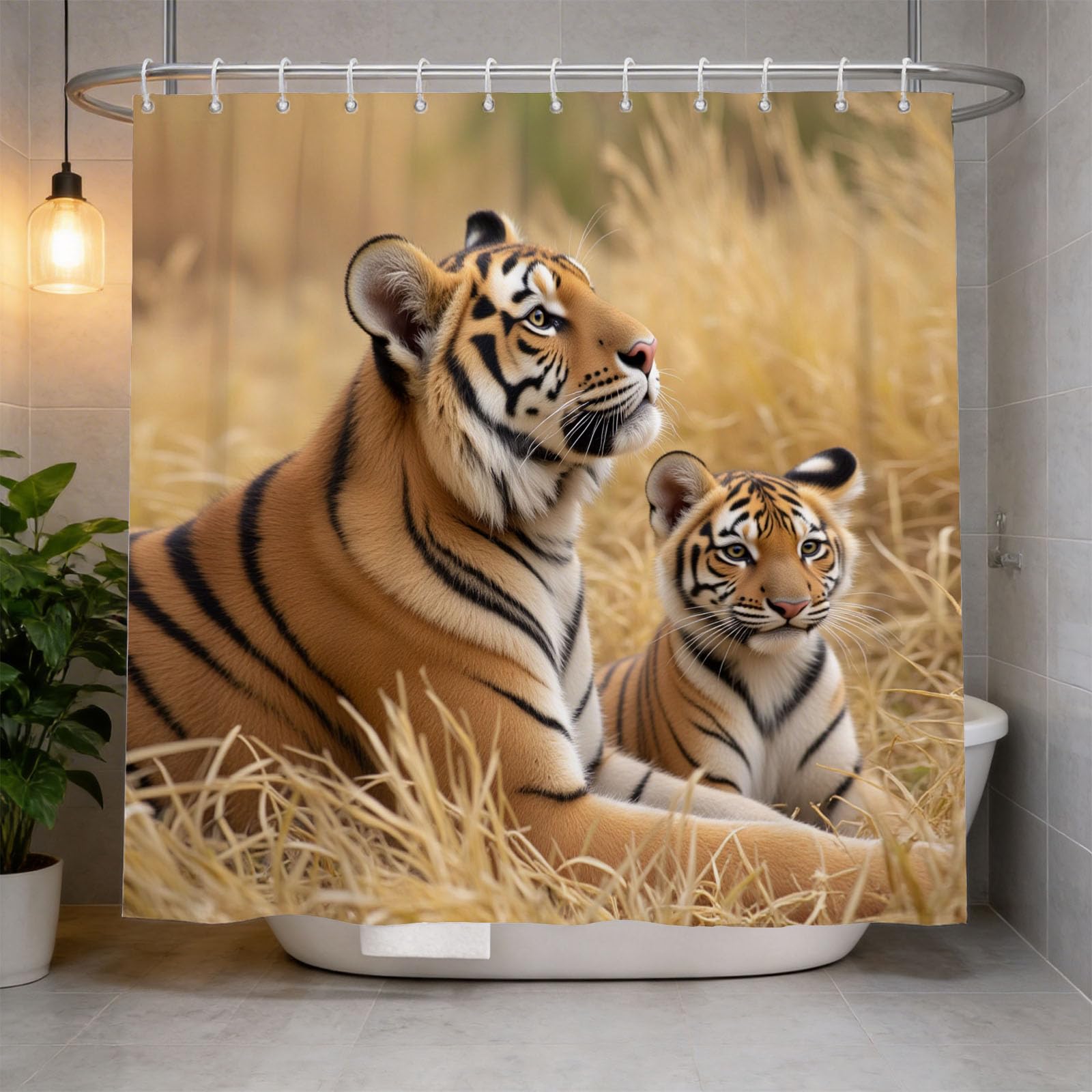 Hongduo 3D Tiger Shower Curtain for Stalls Bathtubs Grassland Bathroom Decor Shower Curtain Set Polyester Fabric Waterproof 200x200cm/79X79 Inch with Hooks