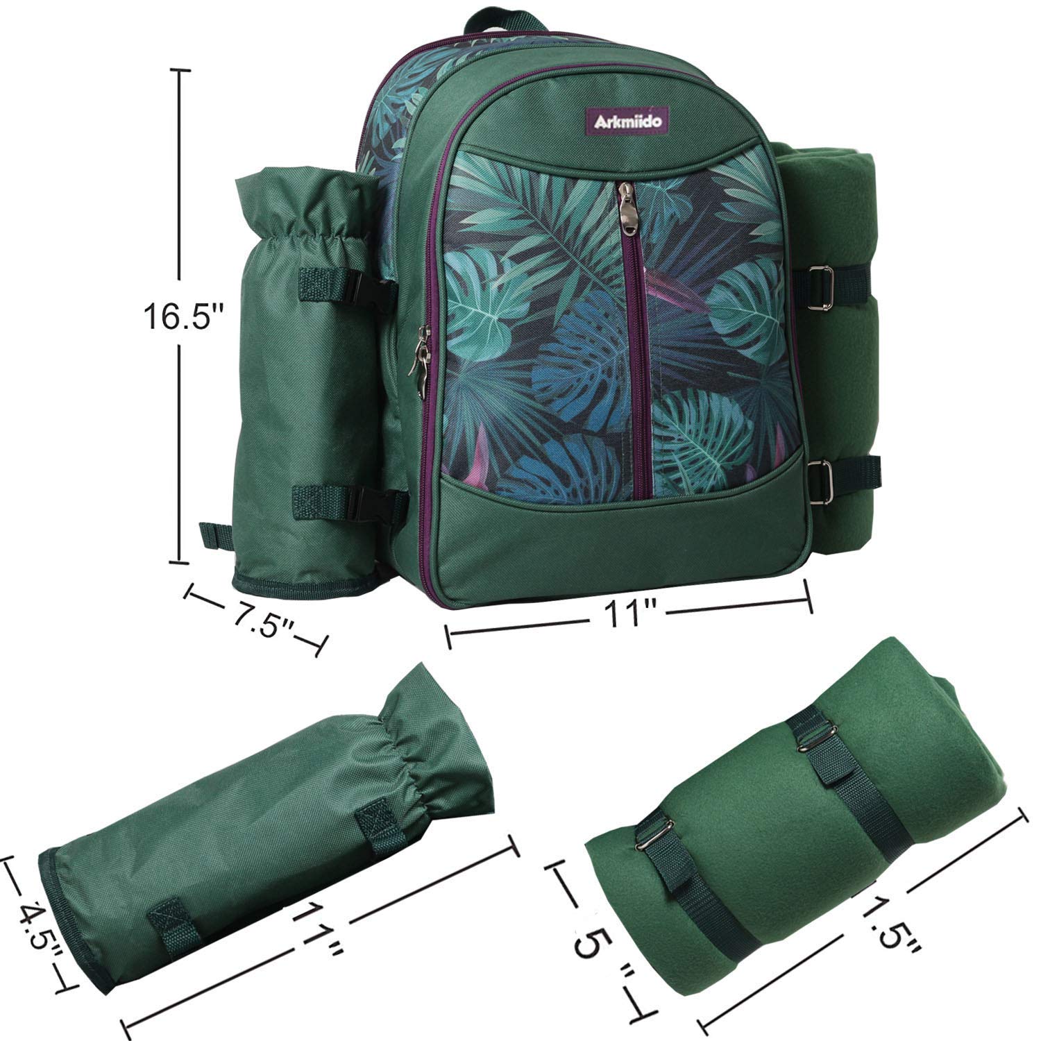 Zaino Da Picnic Per 4 Persone - Con Posate, Scomparto Isotermico E Coperta Impermeabile, Verde - Foto 7