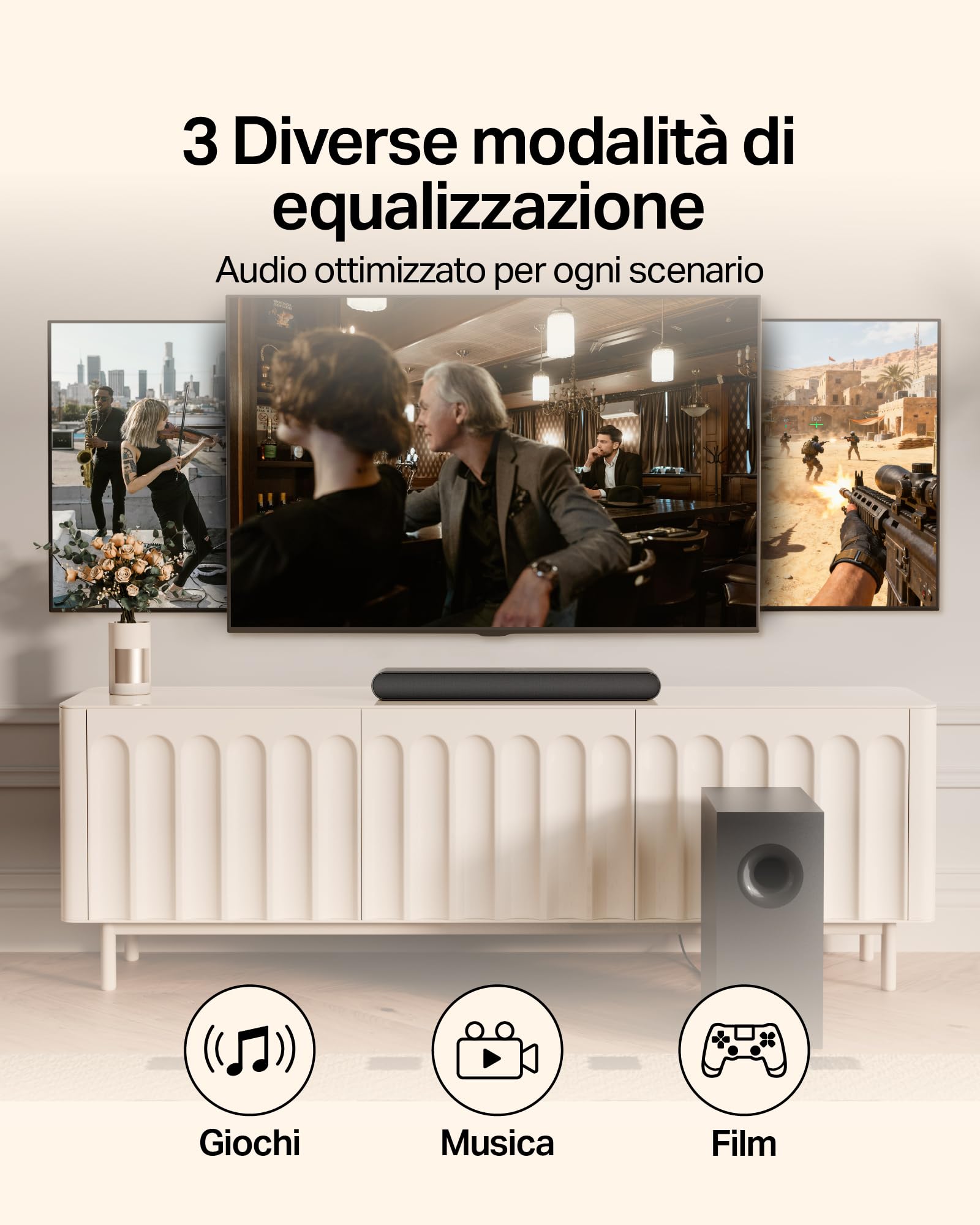OXS S21 Soundbar, 2.1 Canali con Subwoofer, Suono Preciso con Basso Profondo, 180 W, 3 Modalità EQ, Ultra Compatto, per Home Theater/Musica/Gioco, Compatible con TV, PC, XBOX, PS4/5, Telefono