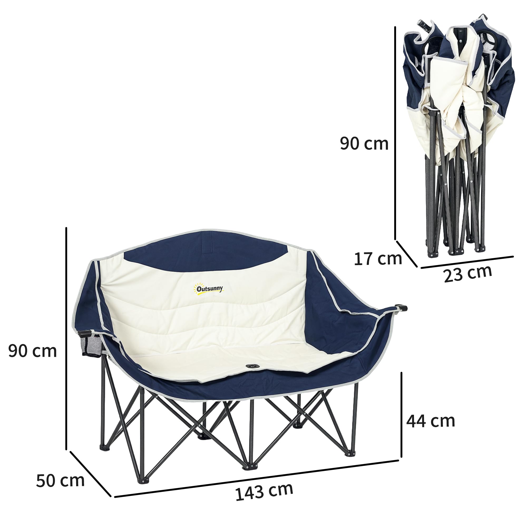 Outsunny Chaise Camping Double avec Porte-gobelet Sac 551 LB Bleu Marine | Porte-gobelet, porte-verre à vin, sac de transport, causeuse pliante, randonnée, pique-nique, plage