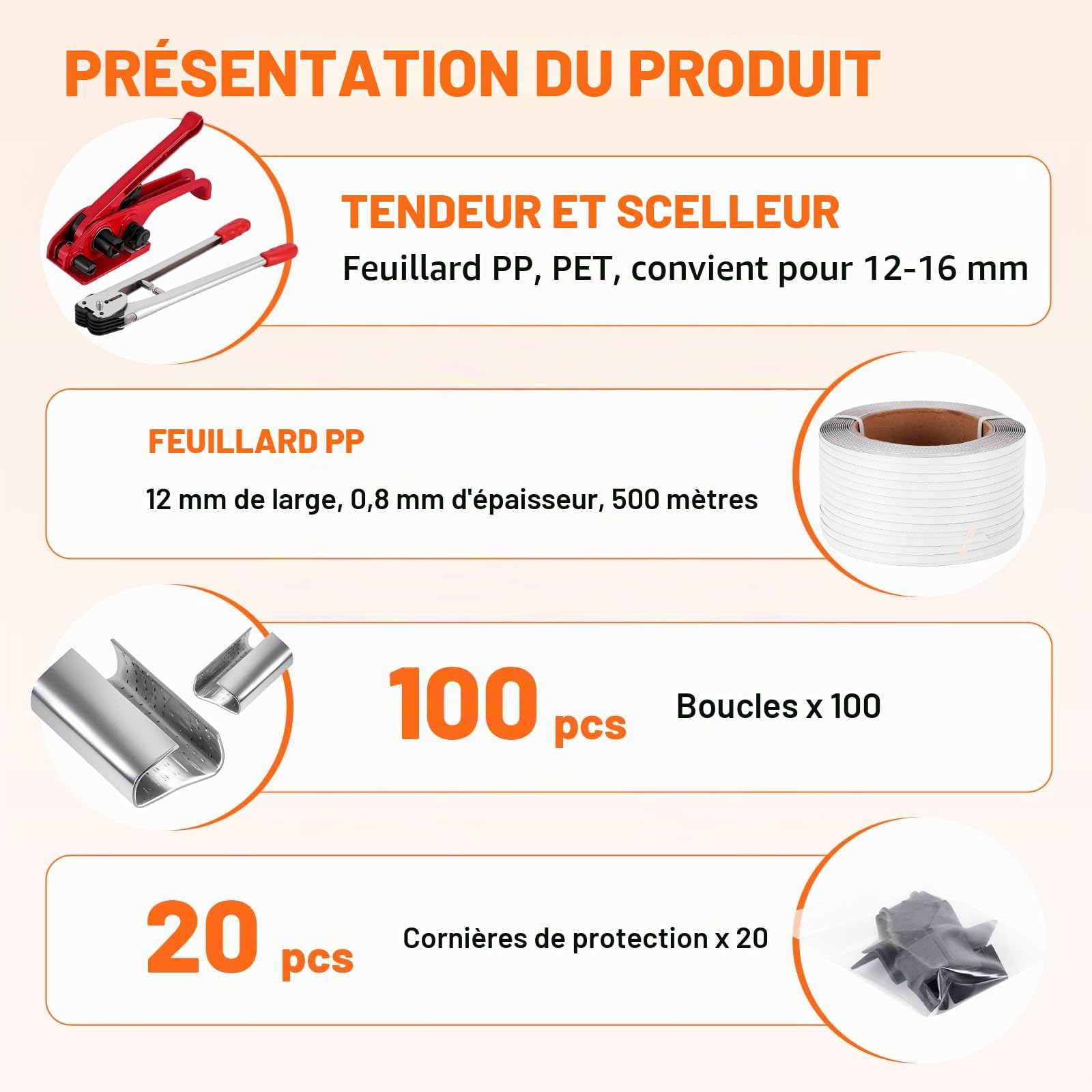 BAOSHISHAN Kit de cerclage PET/PP 12-16 mm Outils de cerclage pour palettes à usage intensif Outil de cerclage manuel (500 m de sangle PP, 100 boucles, 20 coins d'emballage)