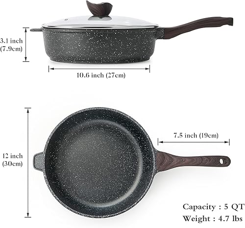 Miniatura 6 de Kordisen Sartén profunda antiadherente con tapa, sartén grande de 12 pulgadas, sartén antiadherente de 5 cuartos de galón para cocinar, utensilios