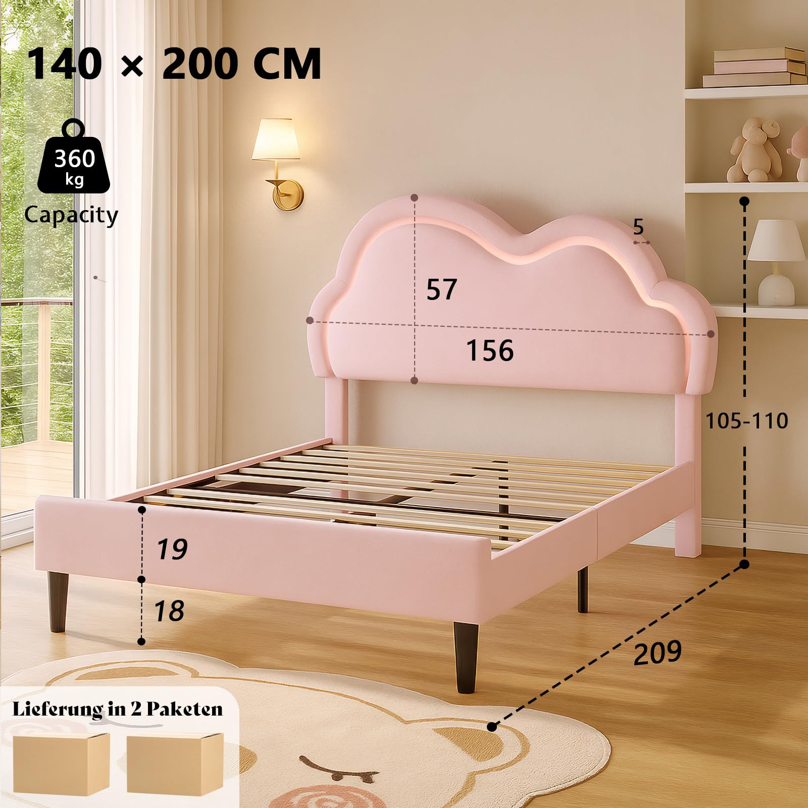 LUXOAK Lit Enfant Fille Tête Nuage Velours, Rose, 140 × 200 cm