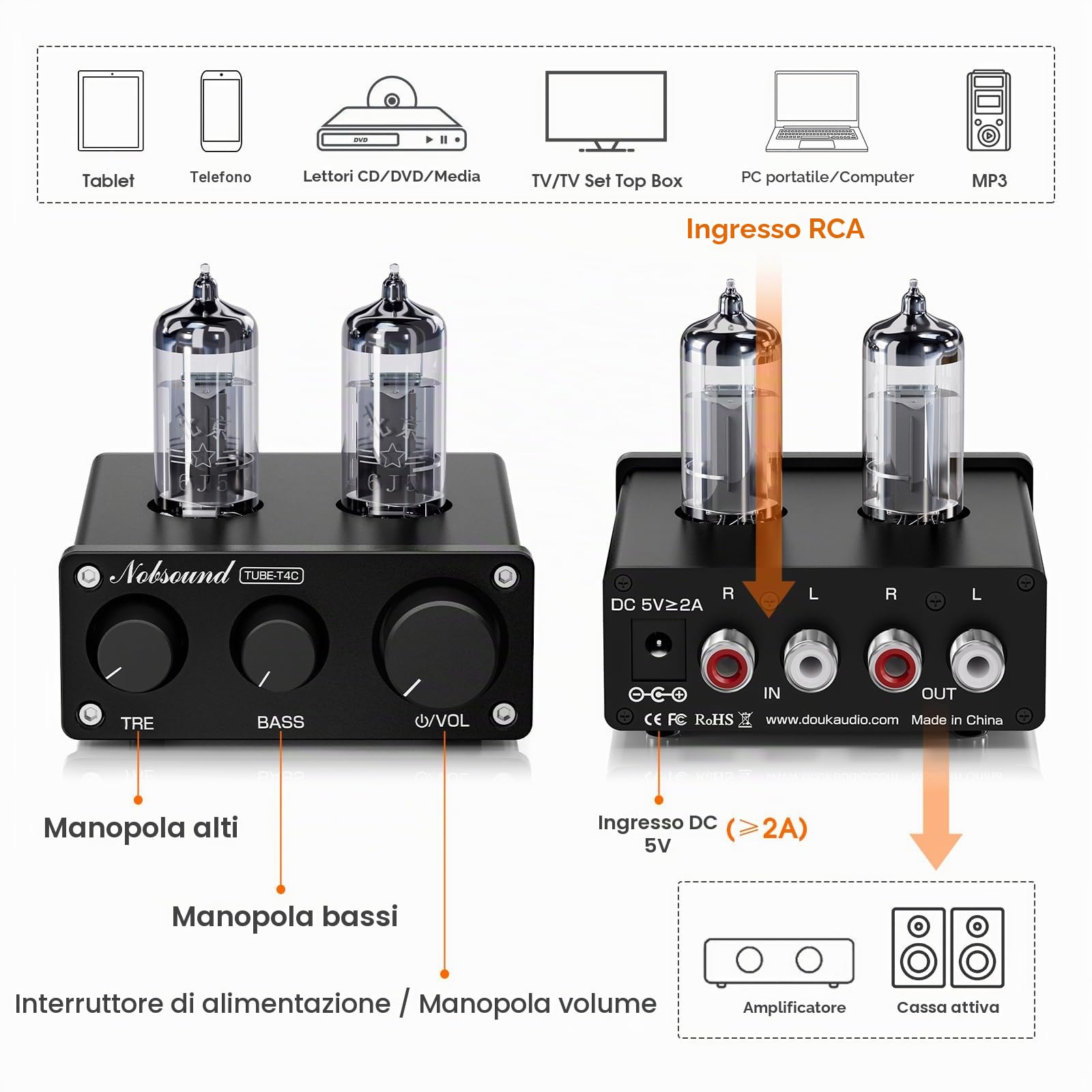 Nobsound Mini Preamplificatore HiFi Tube: Preamplificatore audio stereo di classe A con controllo bassi e alti per amplificatore stereo domestico, altoparlante attivo, sistemi audio desktop (TUBE-T4C)