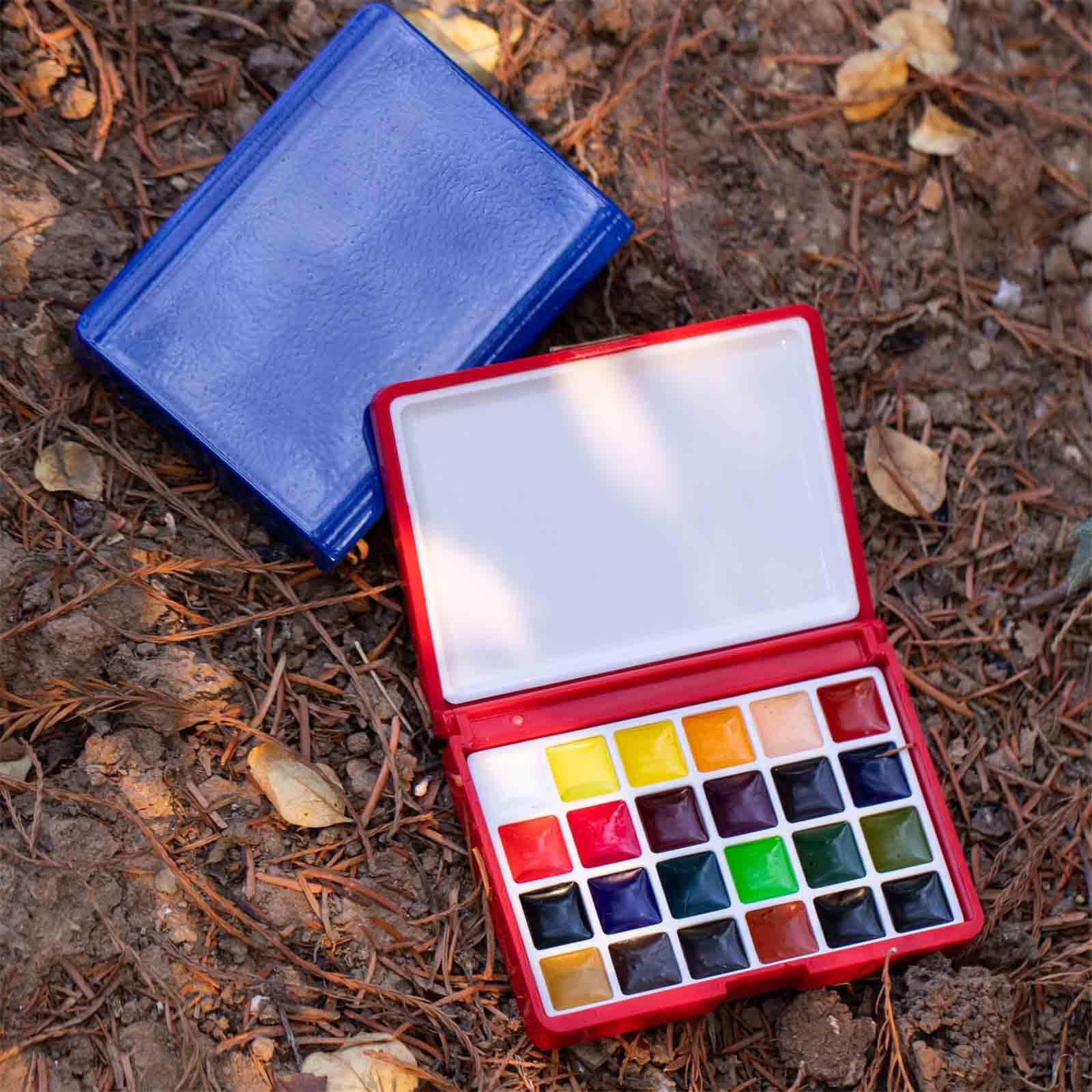 Anfänger Aquarellfarben Tragbar 12/24 Farben Mini Aquarell Set All-In-One Für Kunst Studenten Pocket Aquarell Set Solid Für Camping(Blue-24 colours-4pcs A)