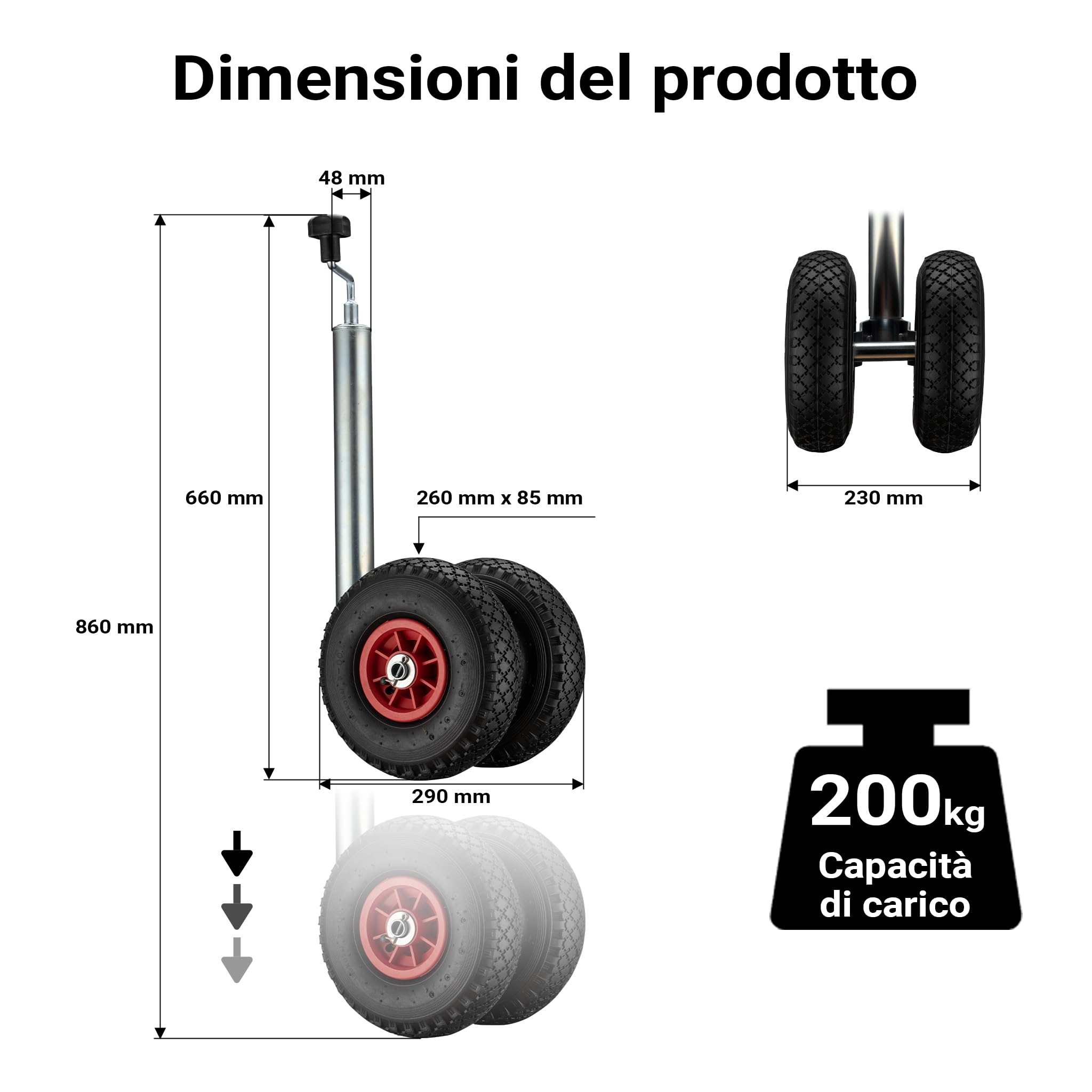 Wiltec Servotimone con ruota di appoggio doppia, portata 200 kg, supporto per rimorchio con pneumatici gonfiabili, ruotino di appoggio, altezza regolabile 66-86 cm, per rimorchi e caravan