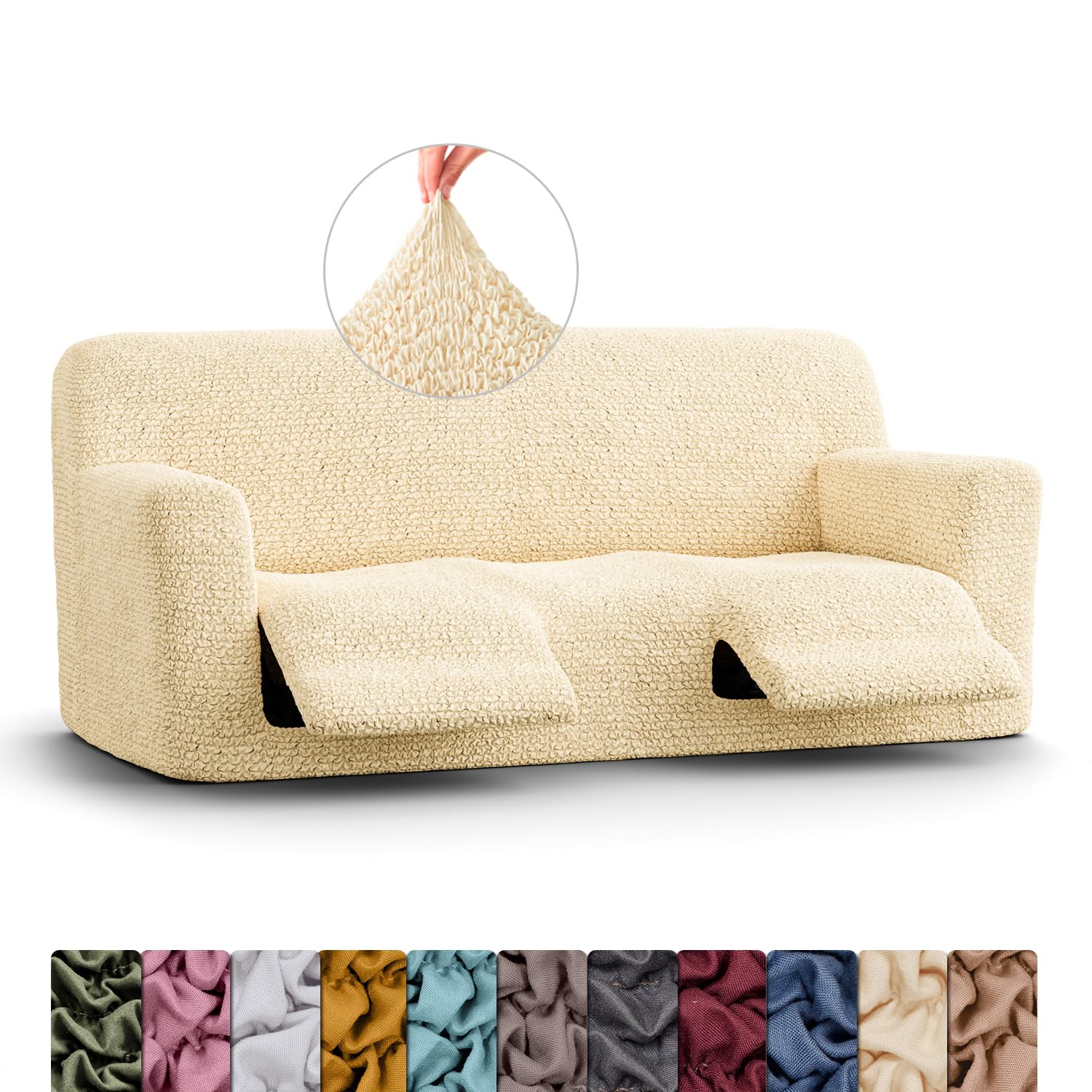 Menotti 3 Seater Recliner Sofa Cover - Sanitised Recliner Cover Couch Slipcover Soft Fabric Slipcover - Wingback Recliner Stretch Furniture Protector - Microfibre - Beige (3 Seater Recliner)