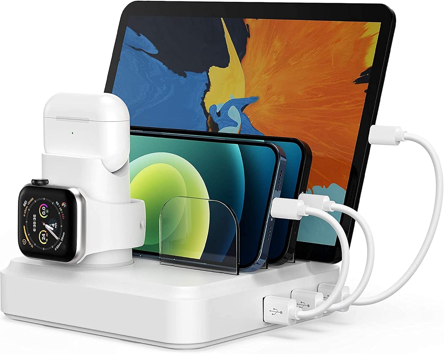Charging Station for Multiple Devices, 5-Port Charger Organizer Dock with 4 Mixed Cables, USB Charging Station Compatible with iWatch, AirPods, Smart Phone(No Watch Charger): Electronics