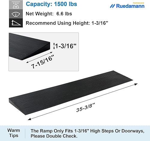Miniatura 16 de Ruedamann - Rampa de umbral para silla de ruedas, capacidad de 1500 libras, goma natural, 35.4 pulgadas de ancho, antideslizante para puertas