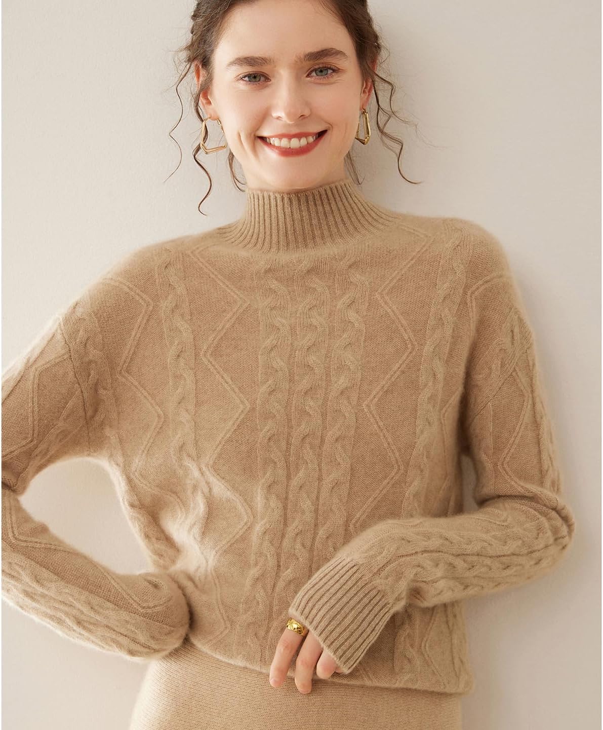Women's Cashmere and Merino Wool Blend Thick Knit Classic-Fit Long-Sleeve Turtleneck Sweater