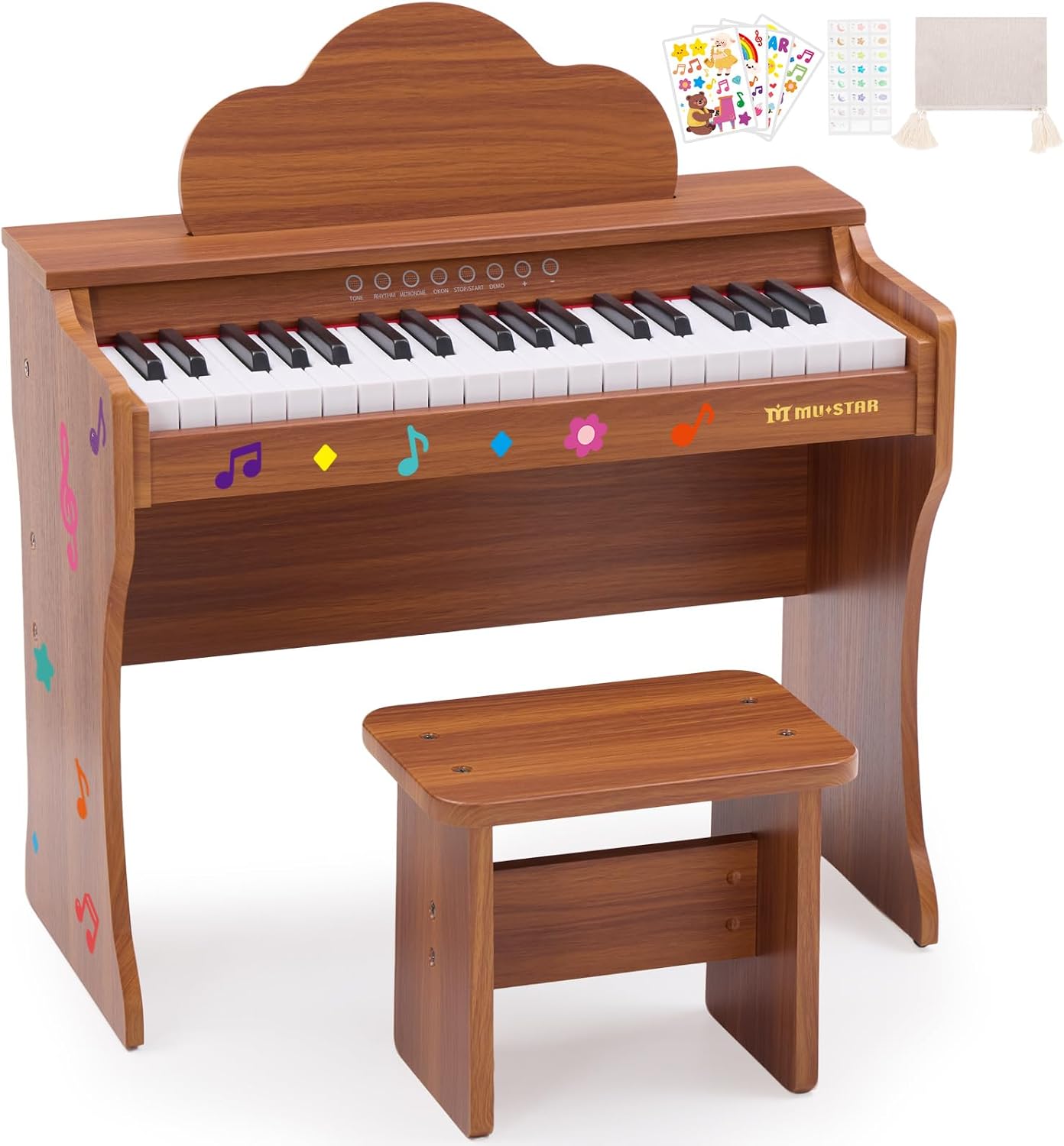 37 Keys Kids Keyboard Piano,Brown Kids Piano Wooden Toy with Stool | Cloud-Design Stand Pink Piano with DIY Stickers, Song Book, Cover, Education Musical Instruments for Girls & Boys Ages 3+