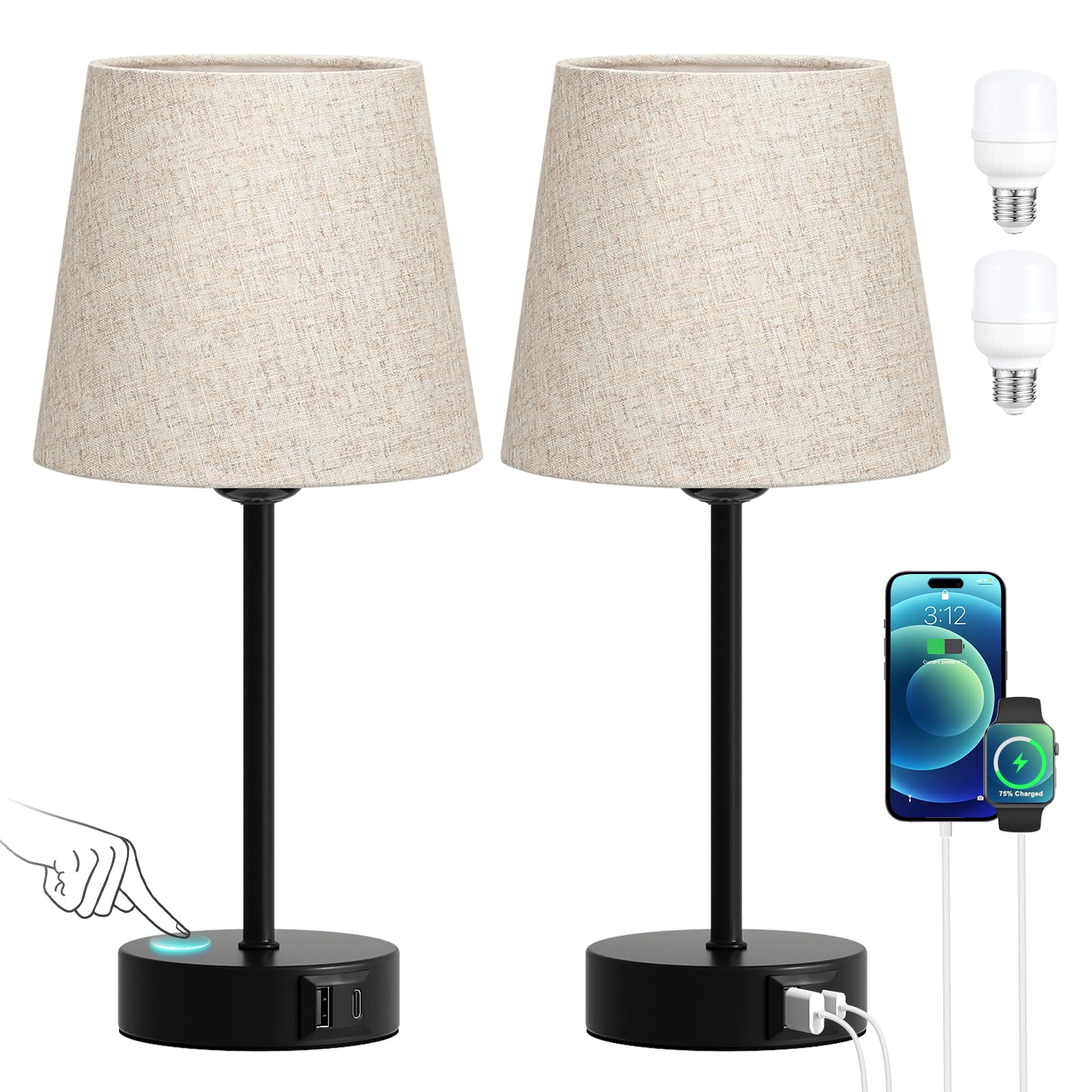 Nachttischlampe Touch Dimmbar 2er Set, Tischlampe mit Ladefunktion USB A+C-Anschlüssen 2 LED Birnen, Leinen-Lampenschirm, Kleine Lampe für Schlafzimmer Wohnzimmer Babyzimmer Büro