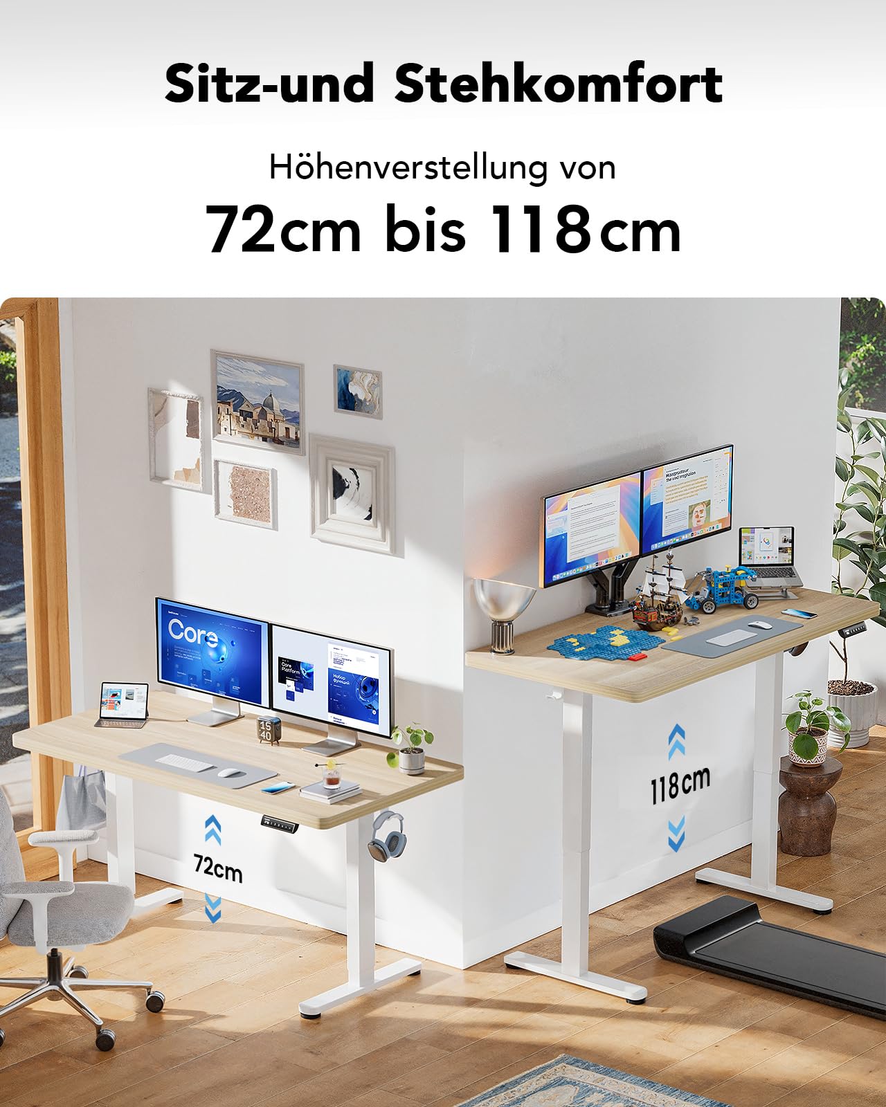 HUANUO Escritorio de altura regulable 140 x 70 cm, 25 mm, todo el tablero de mesa con motor sin escobillas, asiento ergonómico de pie, escritorio de pie eléctrico de fácil montaje para oficina en casa