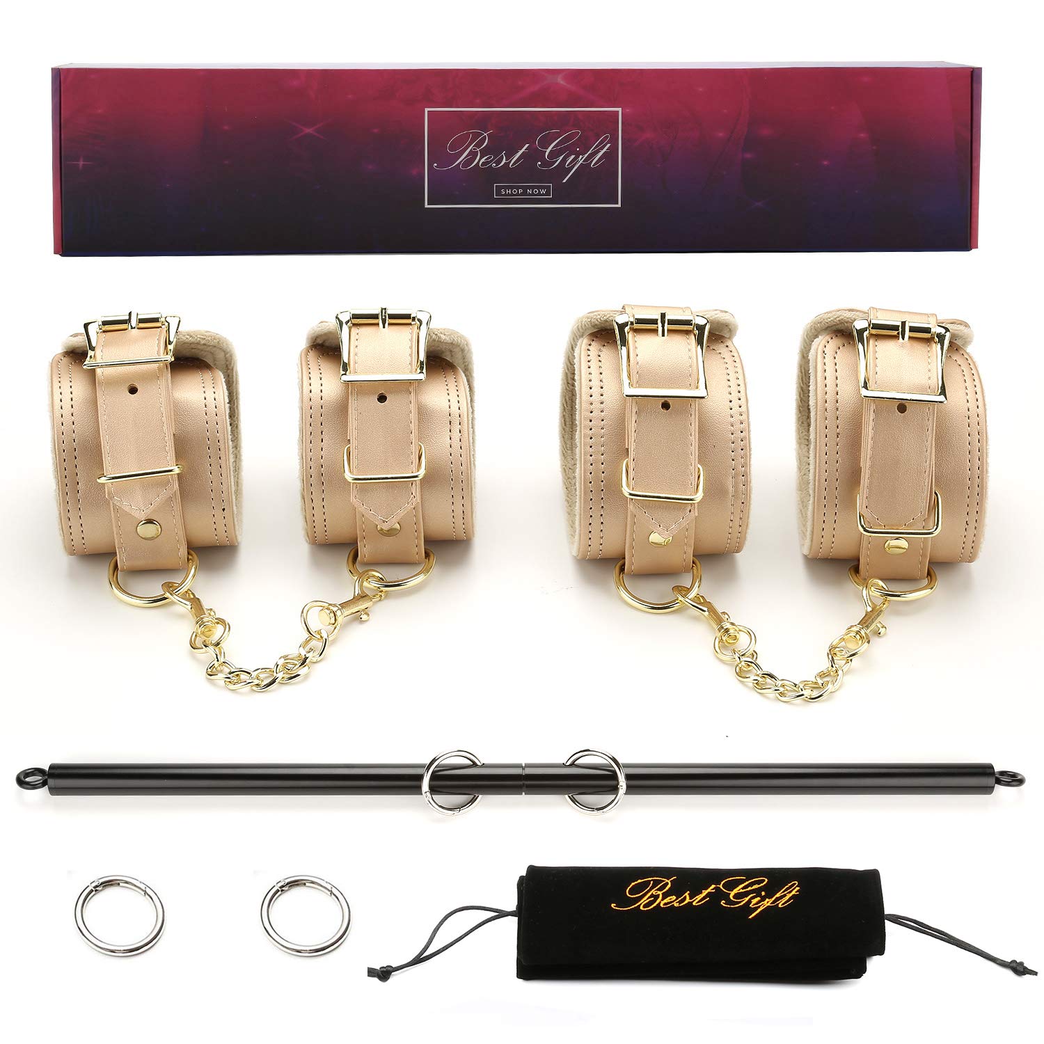 EXREIZST Adjustable Spreader Bar Black Set with 4 Adjustable Fur Gold Straps Sports Training Fitness Gear Home Gyms