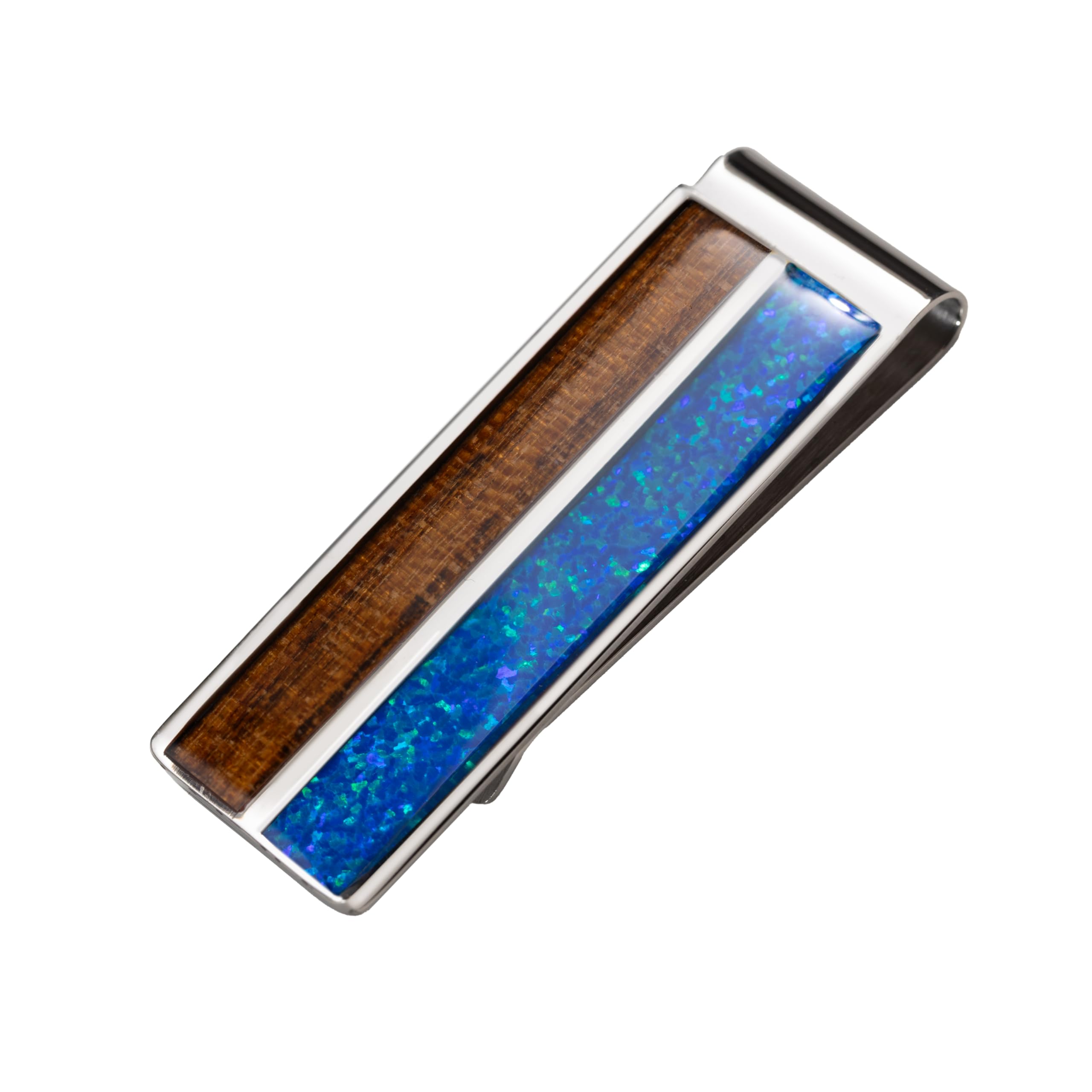 aloha jewelry co. Aloha Jewelry Company Stainless Steel Koa Wood and Created Blue Opal Cash Money Clip Card Holder-picture-20