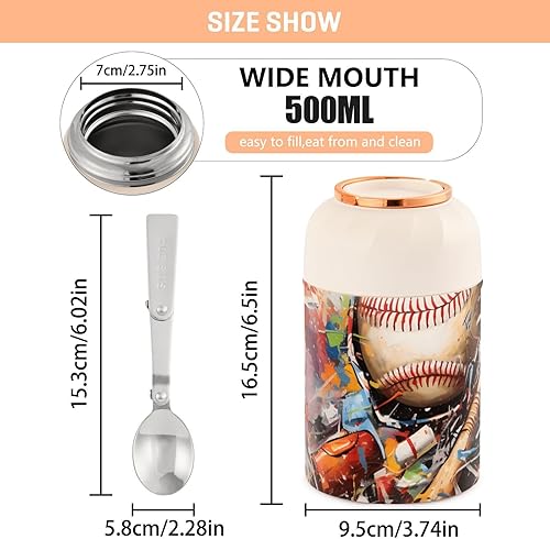 Miniatura 3 de Baseball Baseball Bat Grunge Kids Womens Insulated Food Jar with Spoon 17oz500ml Thermal Food Jar Stainless Steel Vacuum Portable Thermal Food for