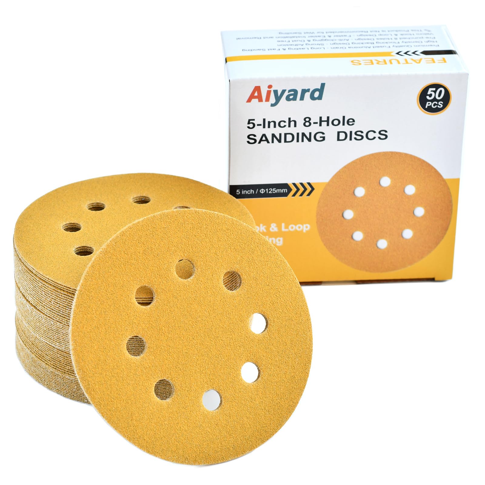 5-Inch 8-Hole Hook and Loop Sanding Discs 120-Grit Random Orbit Sandpaper, 50-Pack