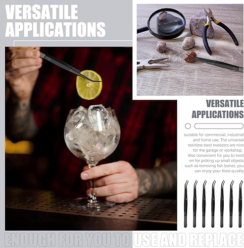 Miniatura 7 de Honoson 10 pinzas de acero inoxidable para manualidades con punta dentada curvada, pinzas multiusos para máquina de coser, pinzas a granel (negro)