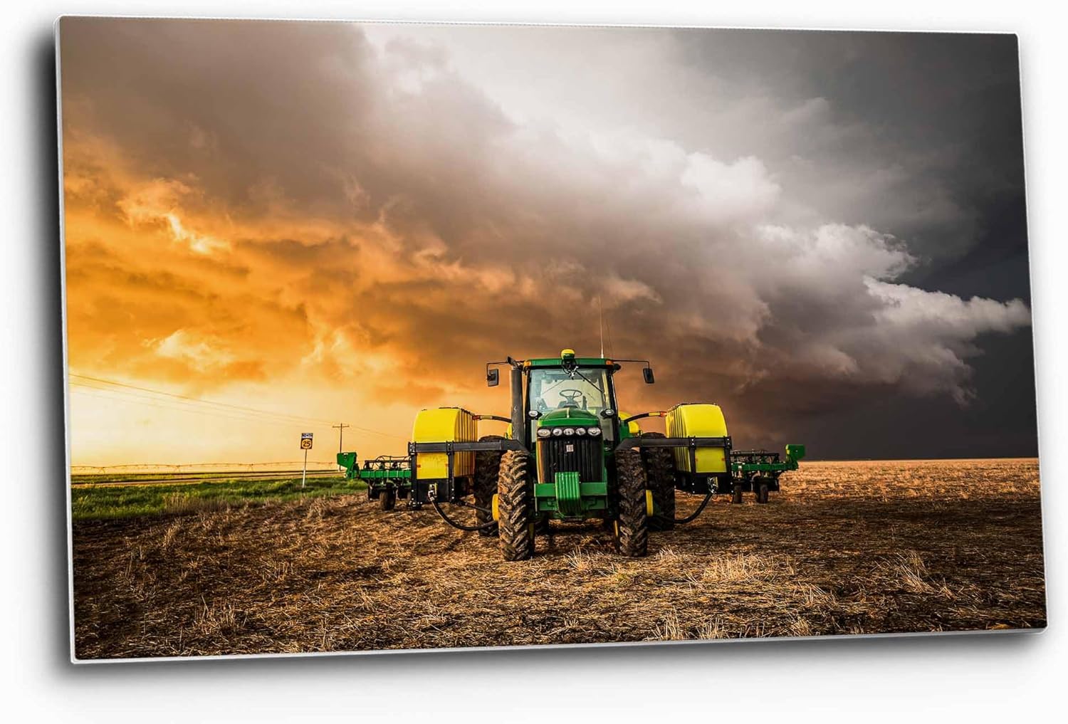 Tractor Metal Print | Kansas Sunset Storm Farm Equpiment Country Agriculture Thunderstorm Plains Weather Photography Wall Art Decor (12" x 18")