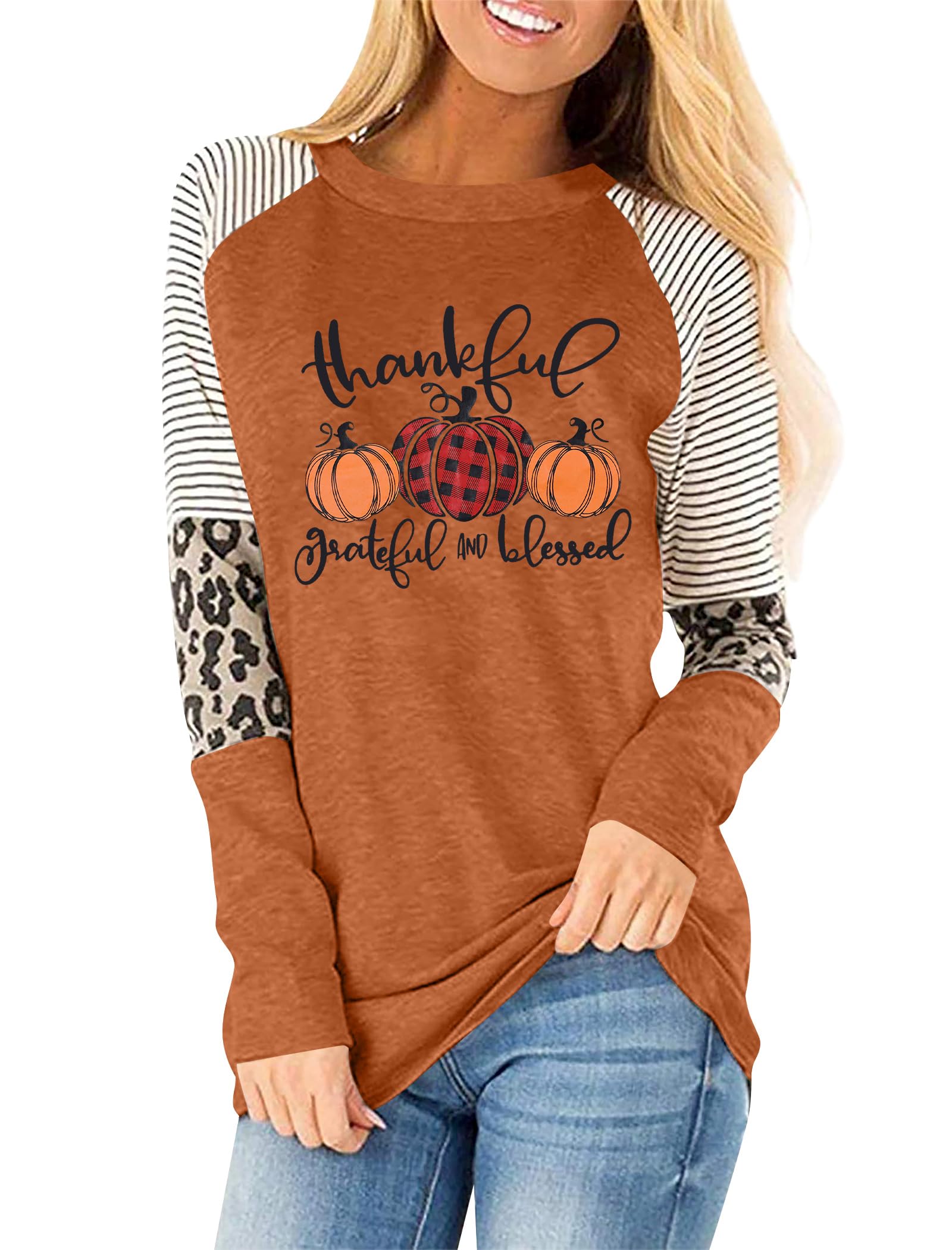 Thankful Grateful Blessed Plus Size T Shirt Women Thanksgiving Pumpkin Long Sleeve Blouse Leopard Print Striped Tee Tops