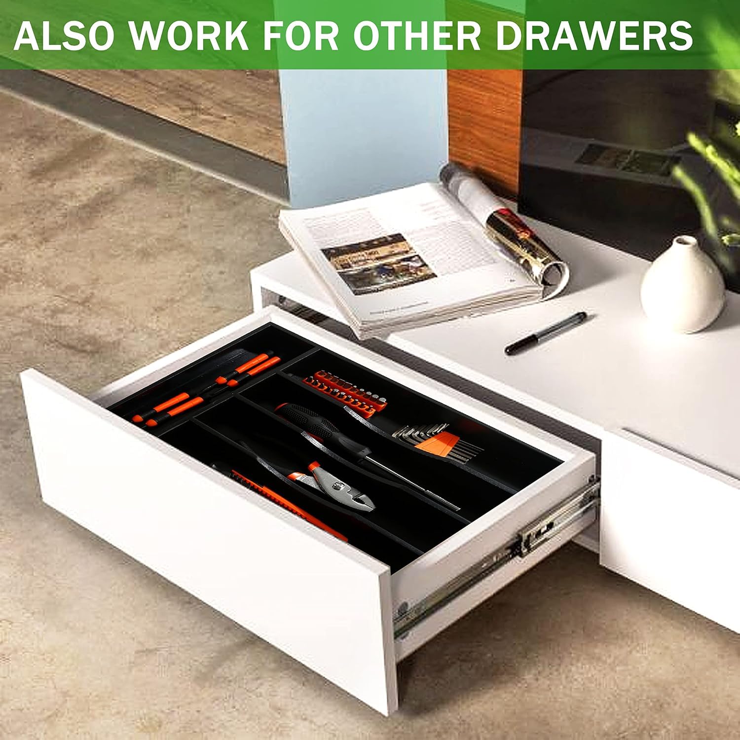 Greenual Besteck-Organizer, 25,4 cm, Besteck-Organizer für Schublade, Besteck-Organizer für Küche, Bambusholz, Schwarz
