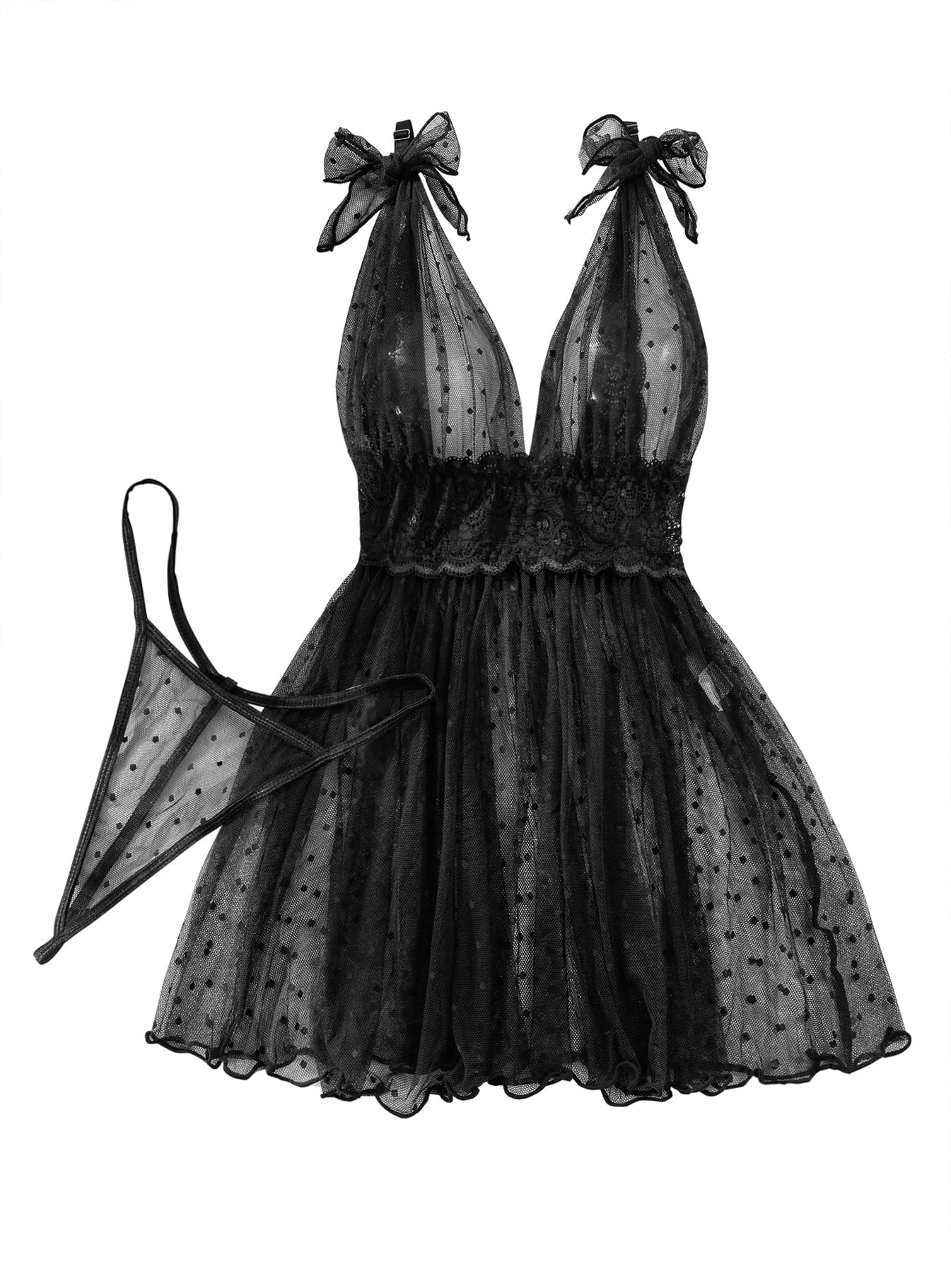 Lilosy Sexy Polka Dots Mesh Sheer Lace Babydoll Chemise Lingerie Set Floral Sleep Wear: 3X-Large Black