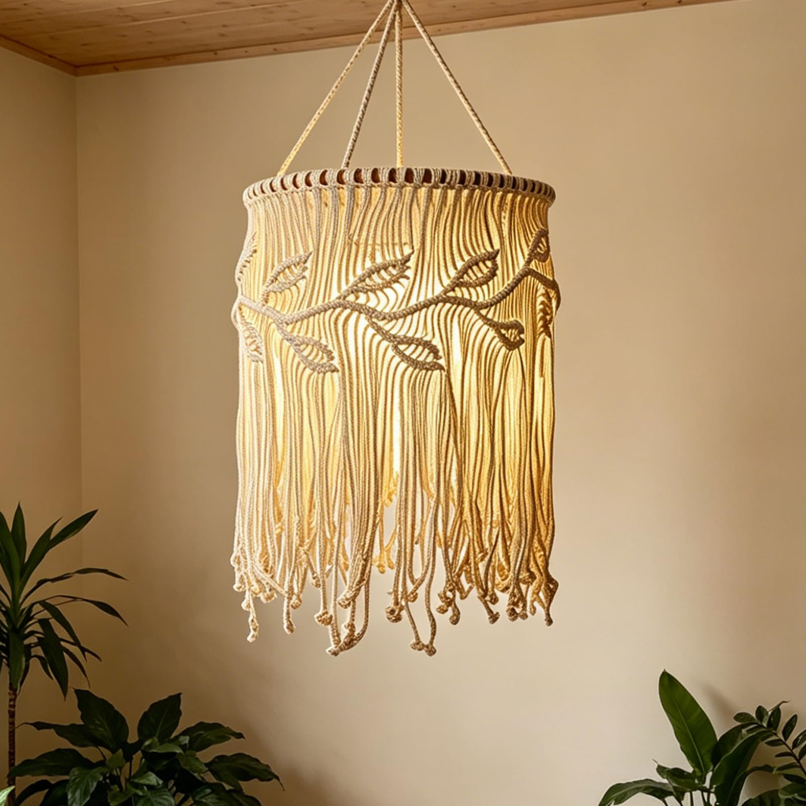 Keltorio Light Macrame Lampshade, Boho Lampshade, Hanging Pendant Cover, Handwoven Lampshade For Living Room, Bedroom, Children's Room, 35 Cm X 30 Cm