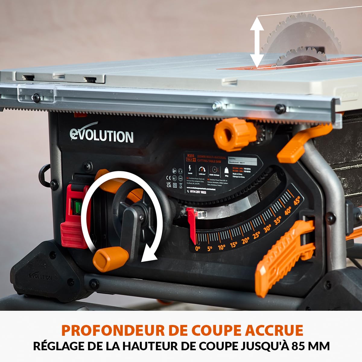 Evolution Power Tools R255TBL+ Scie De Table Rage 5-S Lame Multi-Matériaux 1800W Coupe Bois Métal Plastique Chanfrein 45° Onglet +/-60°