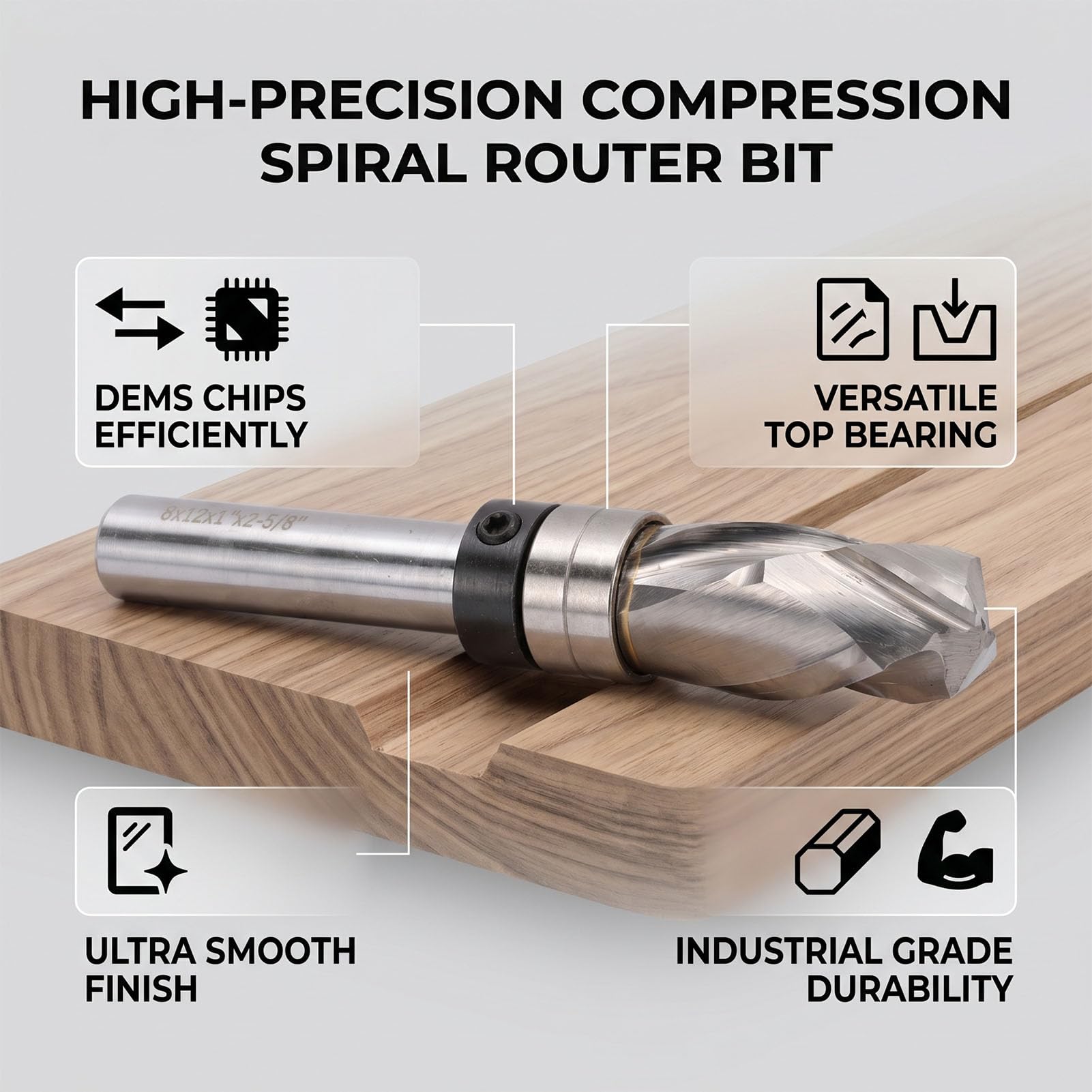 ASHATA Broca Rebajadora de Acabado en Espiral de Alta Resistencia, Vástago de 8mm con Rodamiento Superior para Aplicaciones CNC de Carpintería Profesional, Diámetro de 12mm
