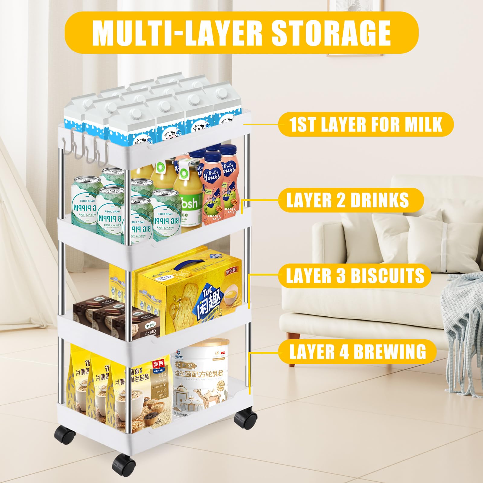ASelected Carrello portaoggetti a 4 ripiani su ruote, carrello portaoggetti da cucina, per ufficio, soggiorno, cucina, cestino portaoggetti mobile, ripiani organizzatori, bianco