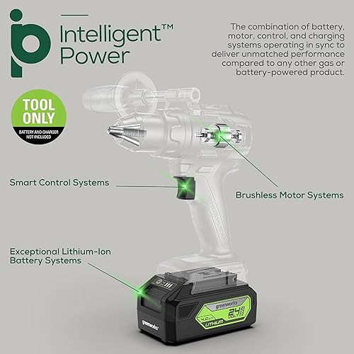 Miniatura 2 de Greenworks Taladro inalámbrico de 24 V sin escobillas de 12 pulgada (mandril de metal, 800 pulgadas-lb21 posición de embragueluz LED), solo