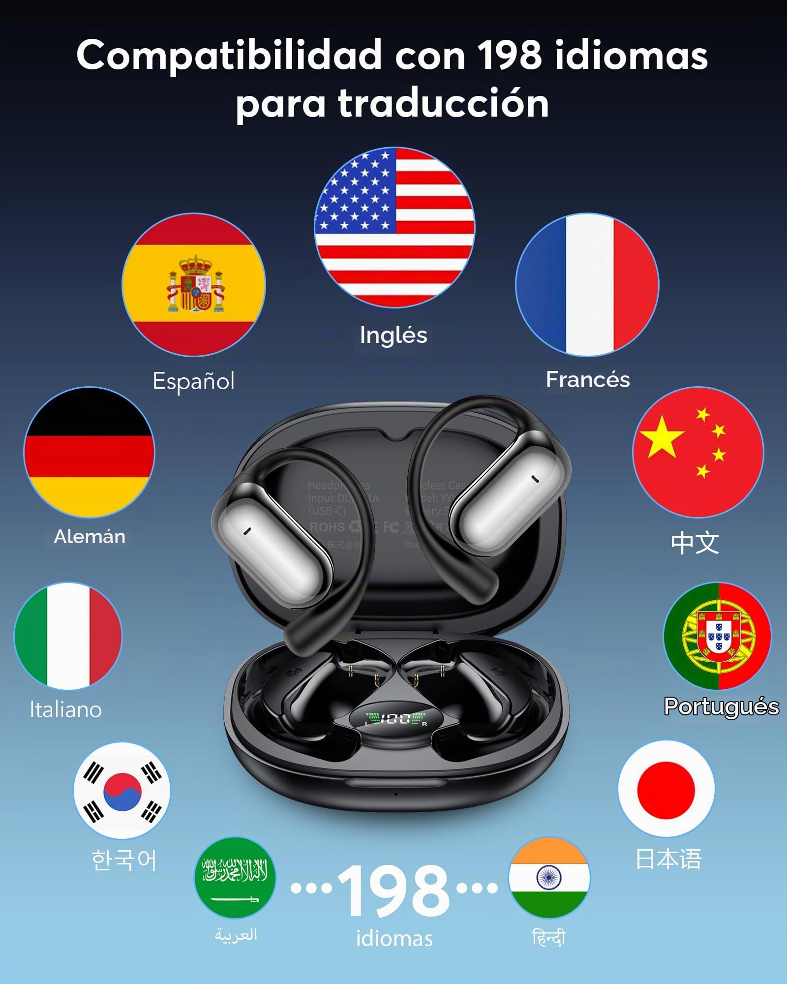 AI Auriculares Traductor en Tiempo Real, 8 Modos Traducción | 198 Idiomas, 3 en 1 Auriculares Traductores de Idiomas, 60H Cascos Oreja Abierta Bluetooth 6.1 para Viajes, Reuniones Negro
