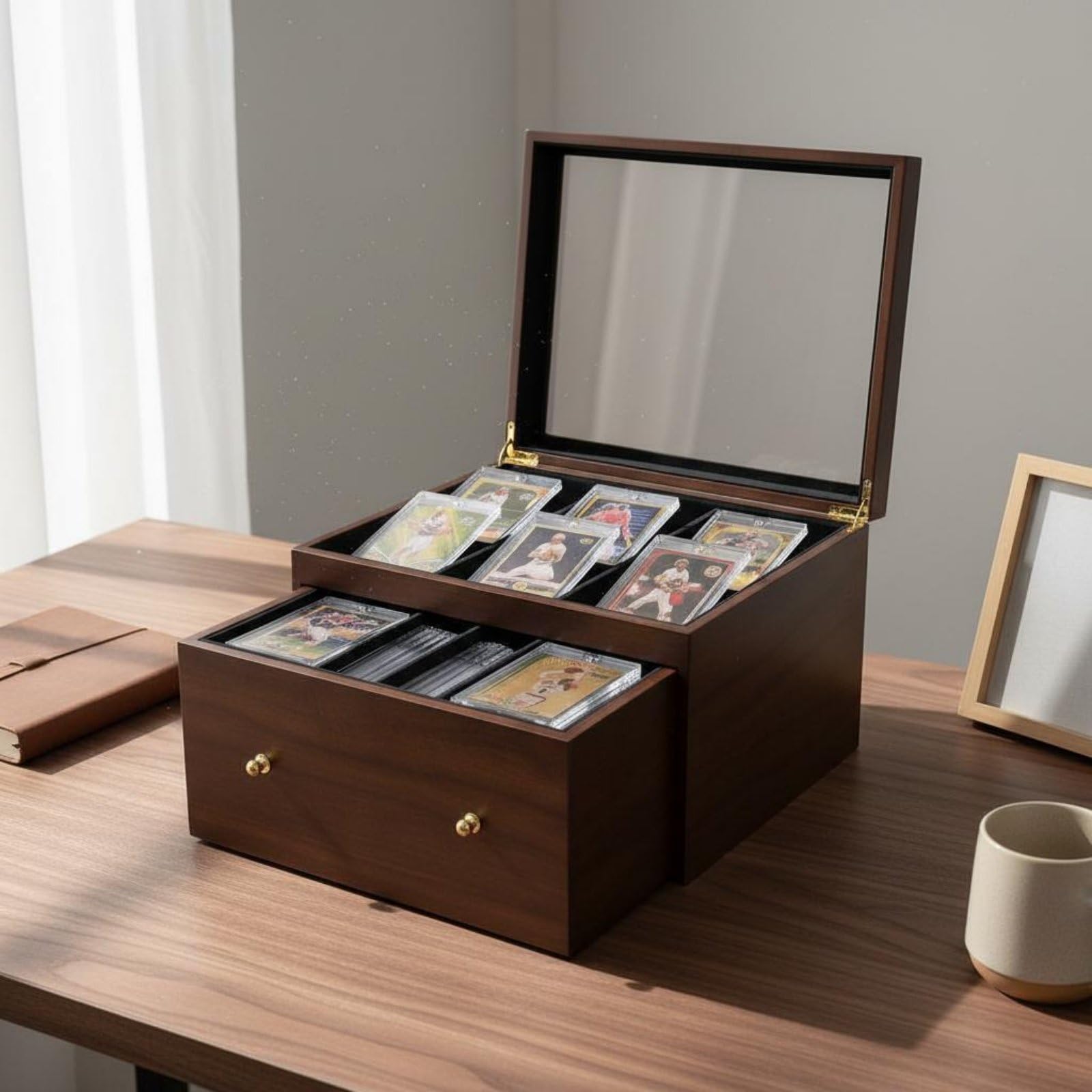 harayaa Vitrina para Cartas Caja Expositora Estuche Organizador de Madera Maciza con Tapa de Vidrio y Interior Acolchado Doble Compartimento y Cajón, Negro