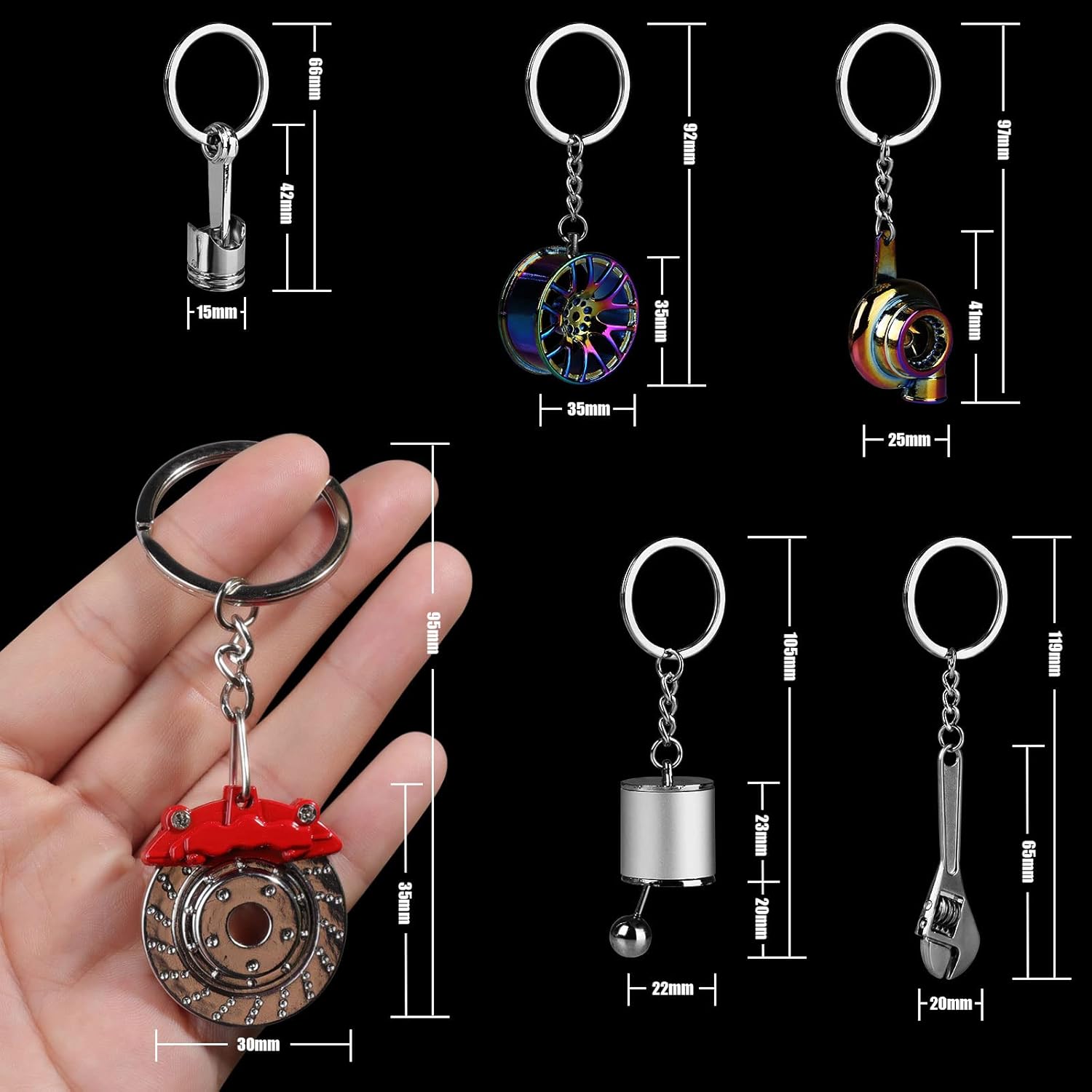 HNYYZL 6Pcs Auto Parts Metal Key Chain,Turbo,Manual Shift Box,Brake Rotor, Wheel Tire Rim, Engine Piston, Wrench Keychain - Image 2